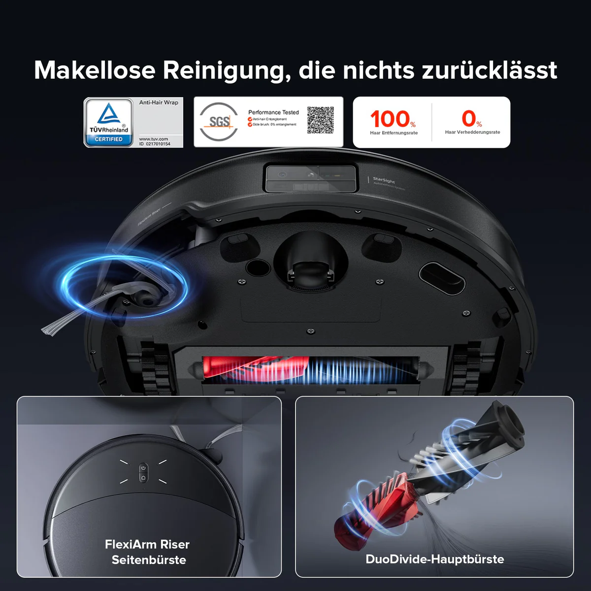 Un robot aspirapolvere con funzioni etichettate. Il testo recita: Anti-Hair Wrap, 100% rimozione dei capelli e DuoDivide-Hauptbürste.