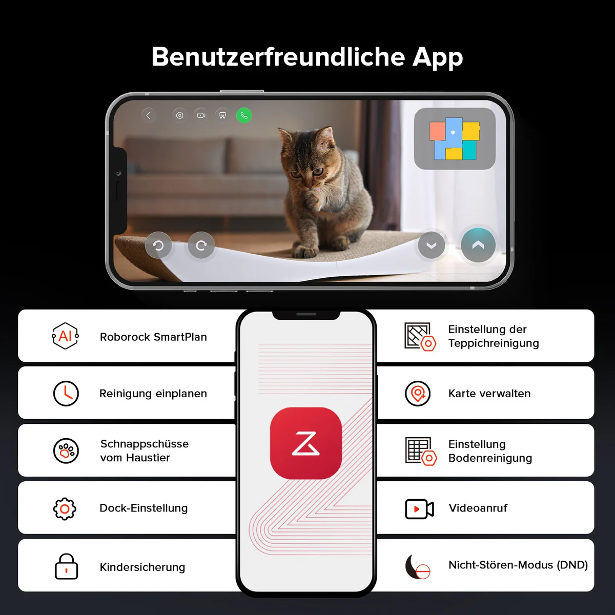 Schermo smartphone con gatto su tiragraffi. Controlli dell'app sotto, incluse opzioni di pulizia.