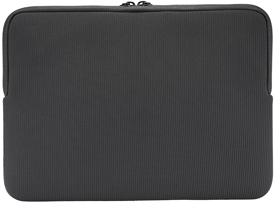 Primo piano di una custodia per laptop grigio scuro con nervature verticali. Ha una chiusura a cerniera nella parte superiore.