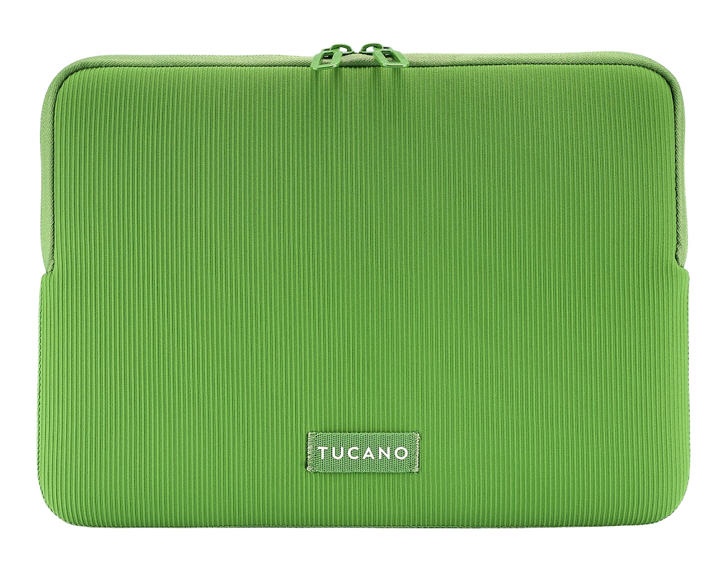 Eine limettengrüne Laptoptasche mit vertikaler Rippenstruktur. Sie hat einen Reißverschluss oben und ein kleines 'Tucano'-Etikett unten.