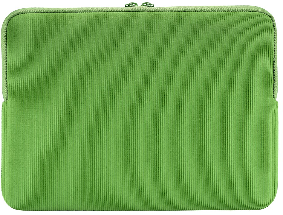 Nahaufnahme einer grünen Laptoptasche. Die Tasche hat eine gerippte Textur und einen Reißverschluss oben. Die Kanten sind abgerundet.