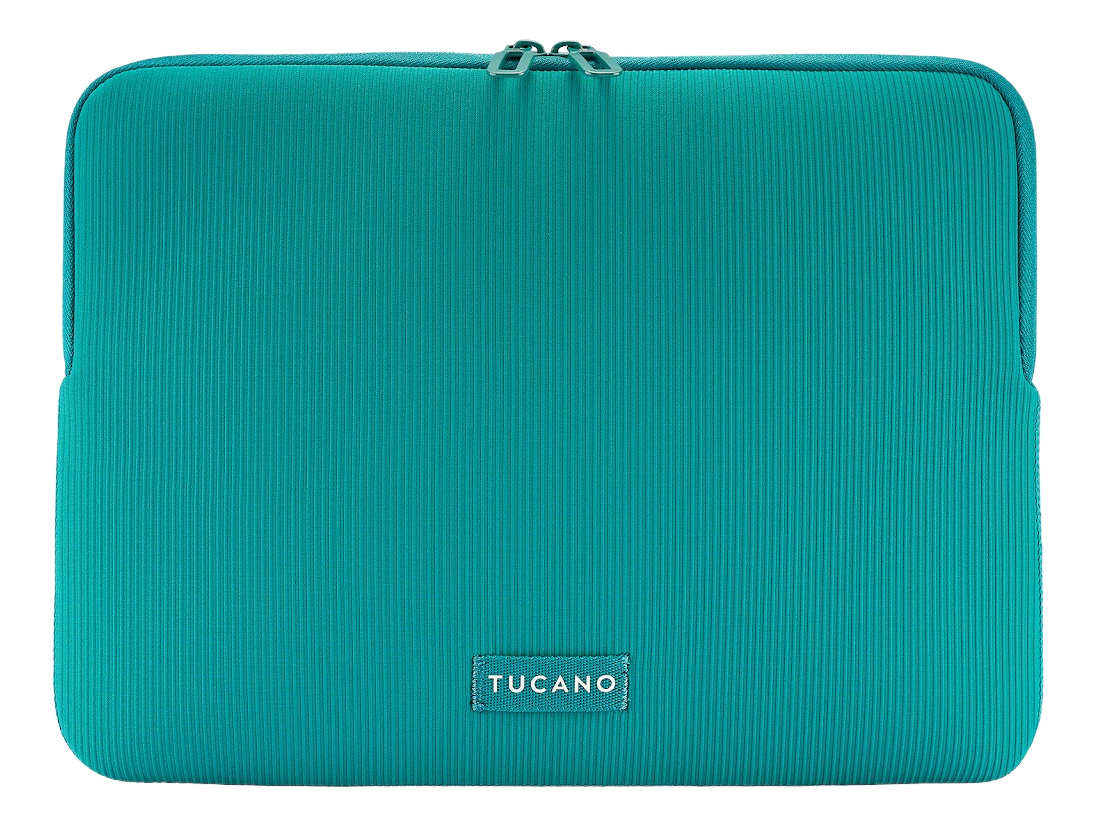 Custodia per laptop turchese con texture a coste verticali e una piccola etichetta con la scritta Tucano. Ha una cerniera nella parte superiore.