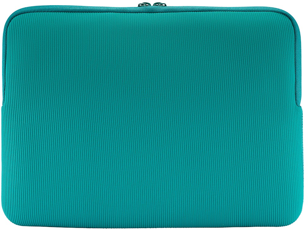 Custodia per laptop teal con trama a coste verticali e cerniera teal nella parte superiore.