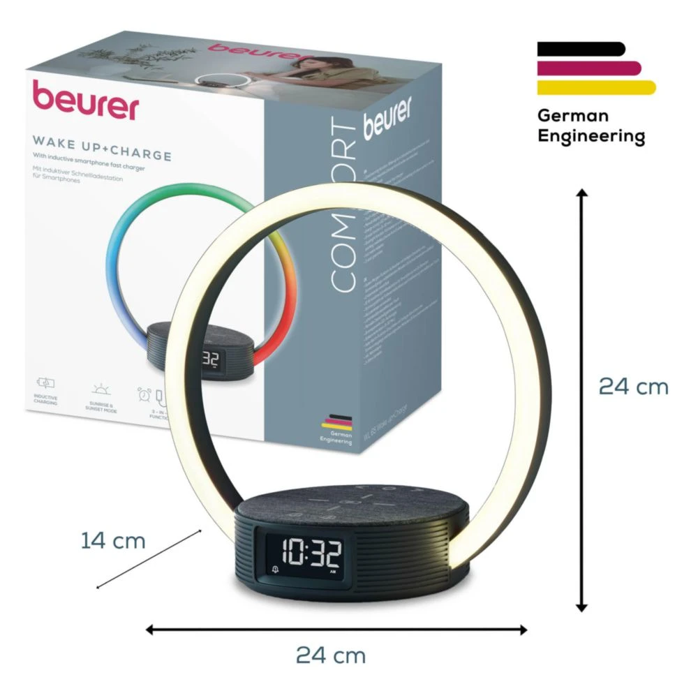 Un chargeur de réveil Beurer avec une lumière annulaire, une horloge numérique affichant 10h32 et l'emballage du produit en arrière-plan.