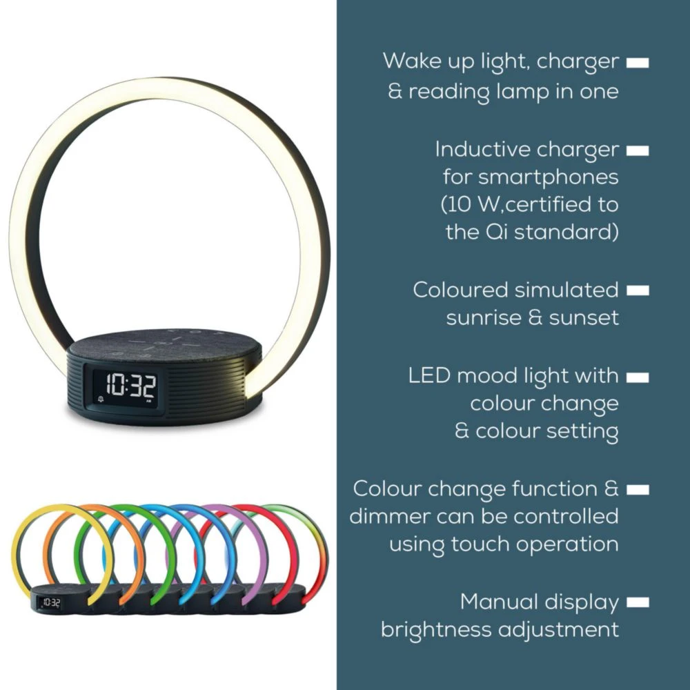 Une lampe de réveil moderne avec une lampe en forme d'anneau, un affichage de l'heure et une rangée de lumières colorées en dessous.