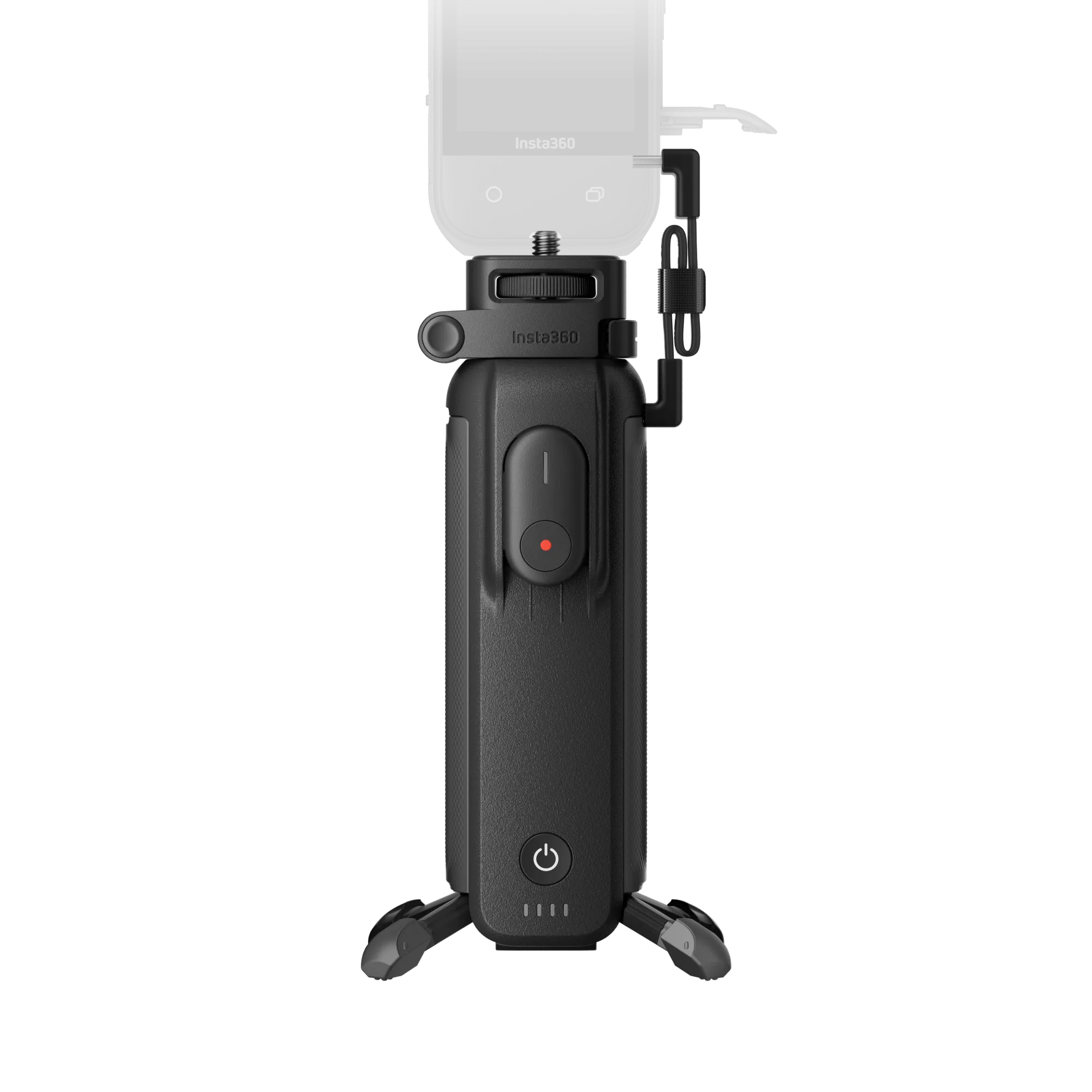 Schwarze Insta360-Kamera mit Bildschirm, montiert auf einem Stativ. Sie hat einen Ein-/Ausschalter, eine Aufnahmetaste und das Insta360-Logo.