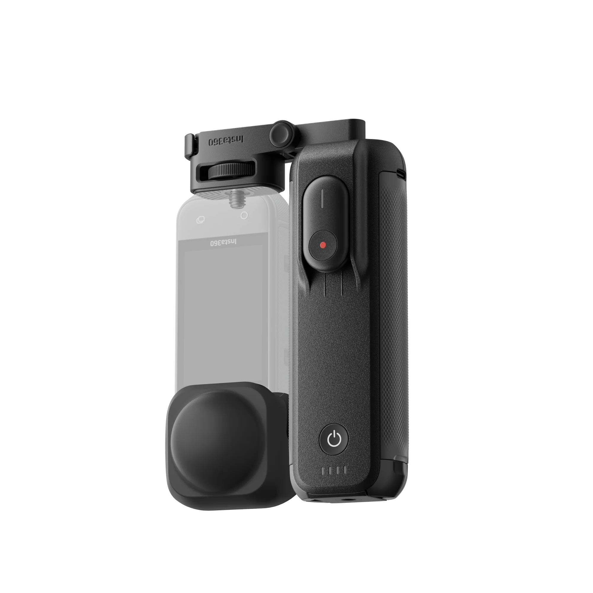 Schwarze Insta360-Kamera. Sie hat einen Bildschirm und einen Griff mit Knöpfen. Der Hintergrund ist schwarz.