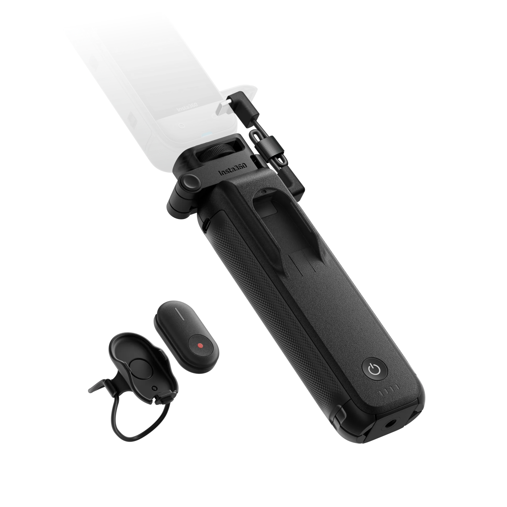 Schwarzer Insta360-Selfie-Stick mit Telefon. Enthält zwei schwarze Fernbedienungen.