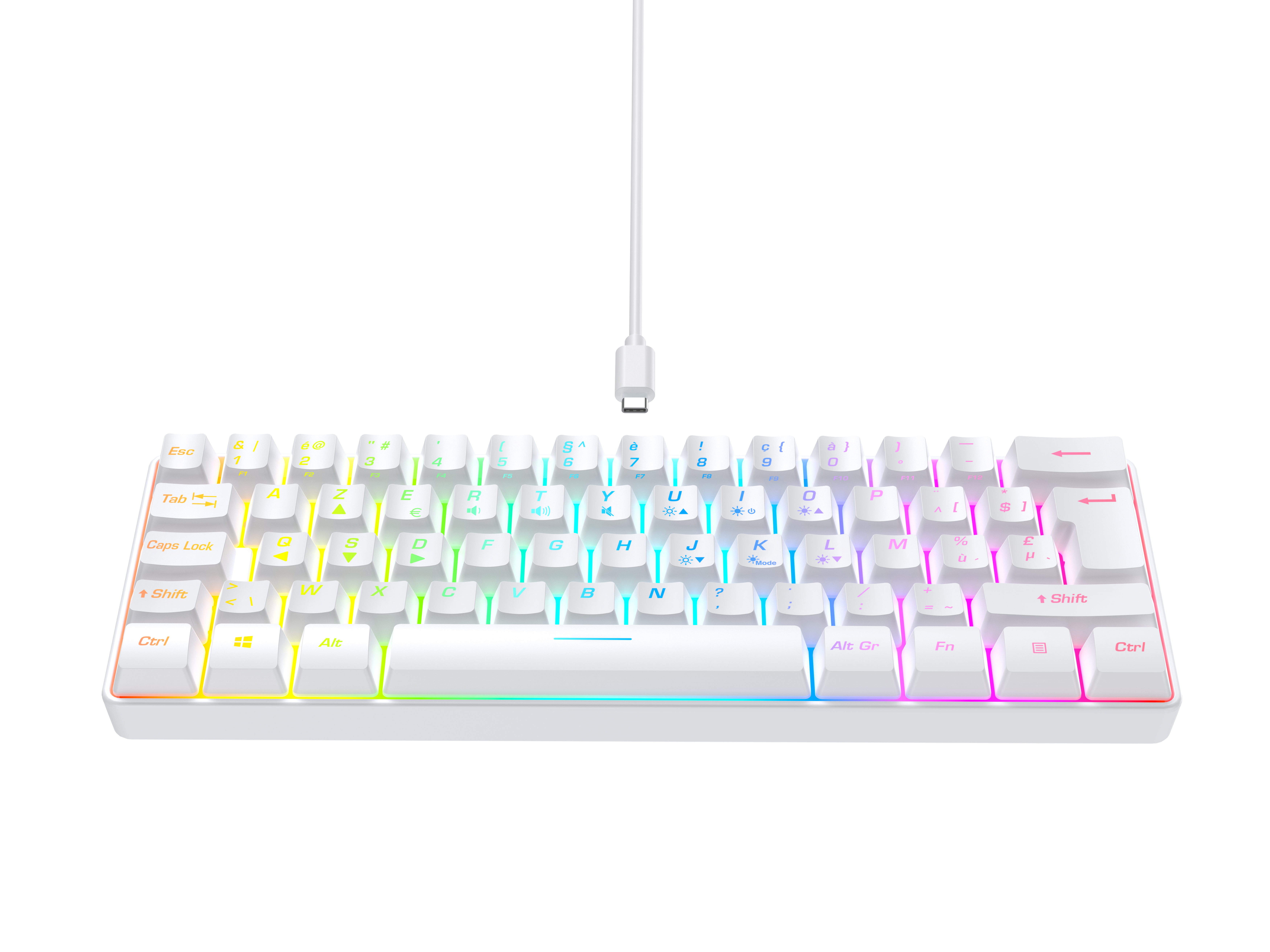 A white, compact keyboard with rainbow-colored keys and a white USB-C cable connected.