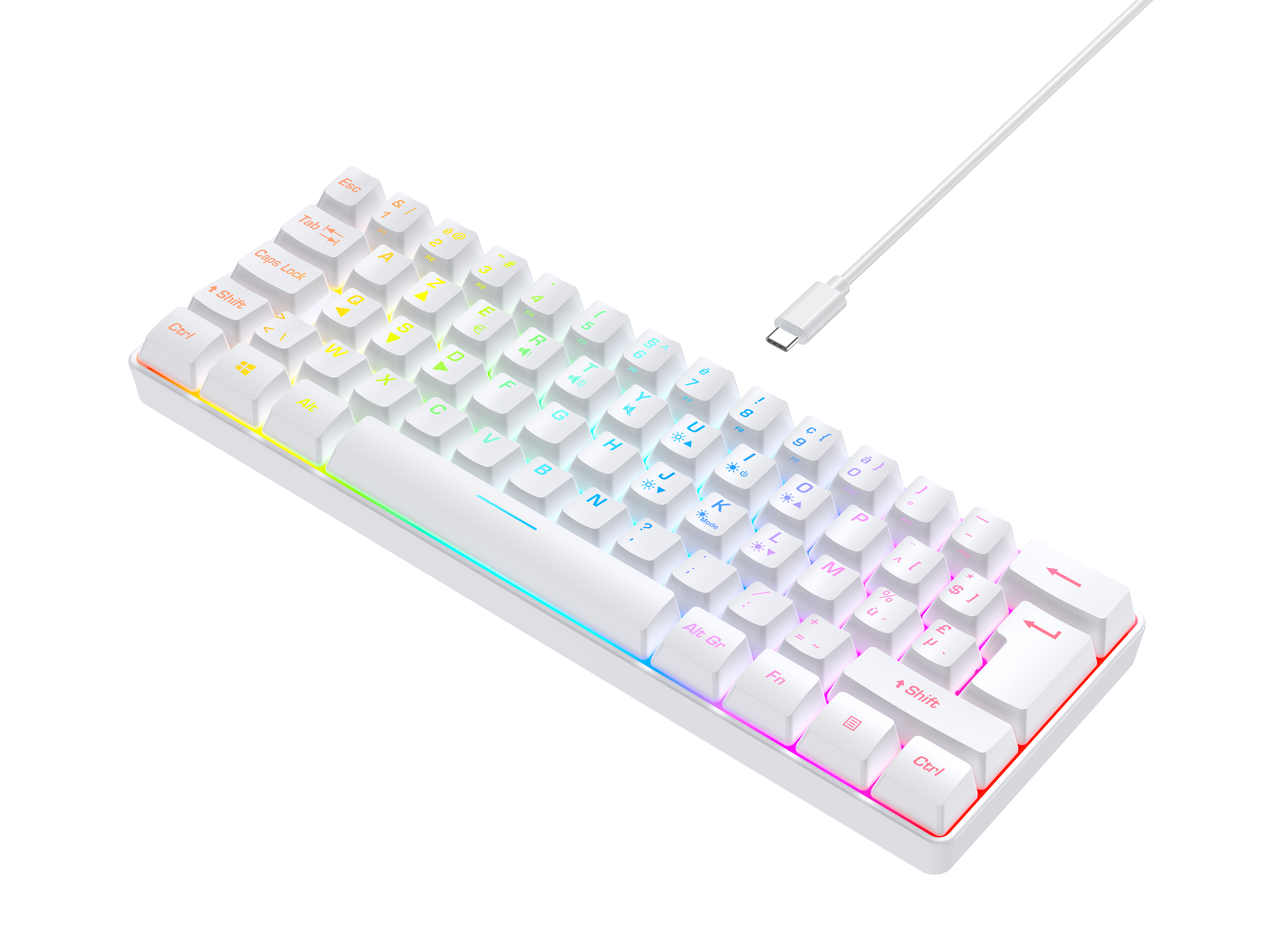 White 60% mechanical keyboard with RGB lighting and a white USB-C cable on a white background.
