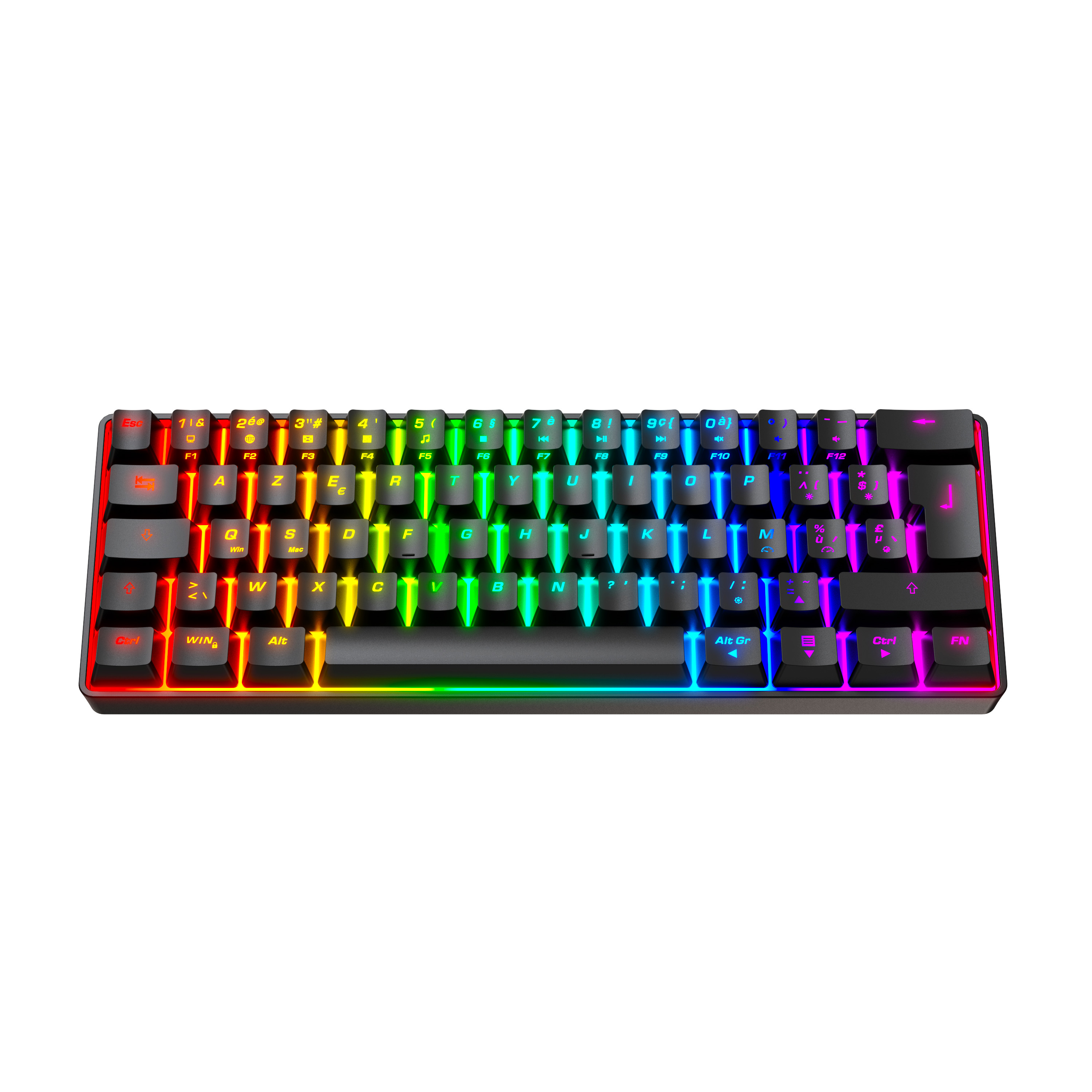 A black keyboard with multi-colored keys is on a white background. The keys are lit with various colors.
