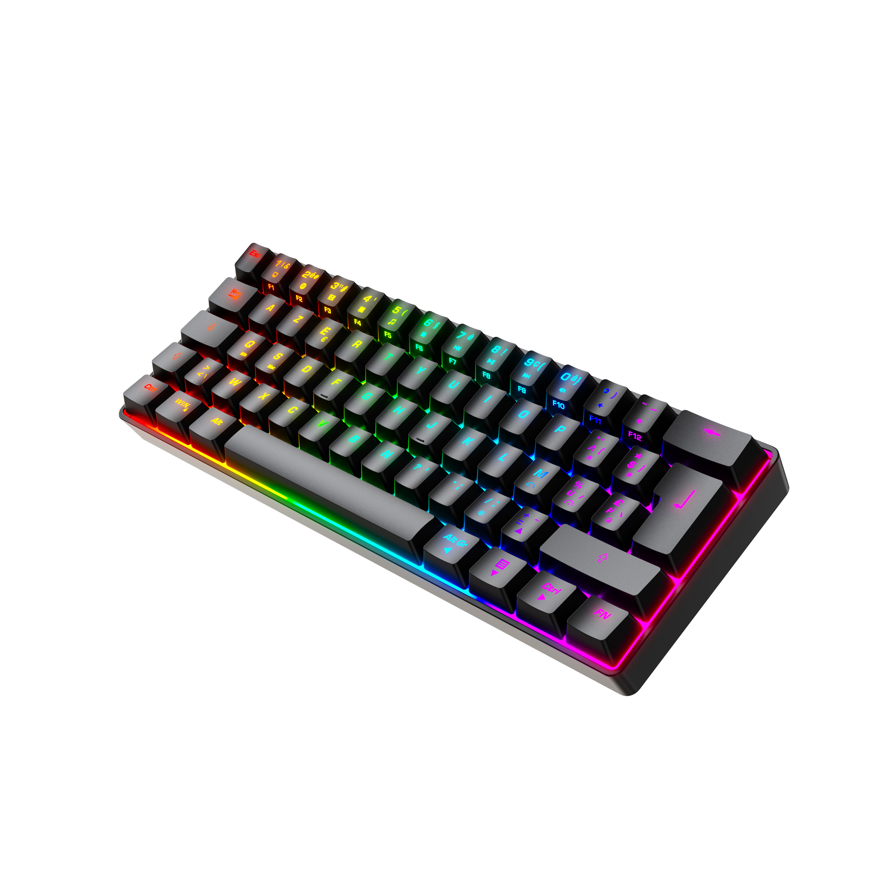 A black keyboard with rainbow-colored keys and a glowing border on a white background.