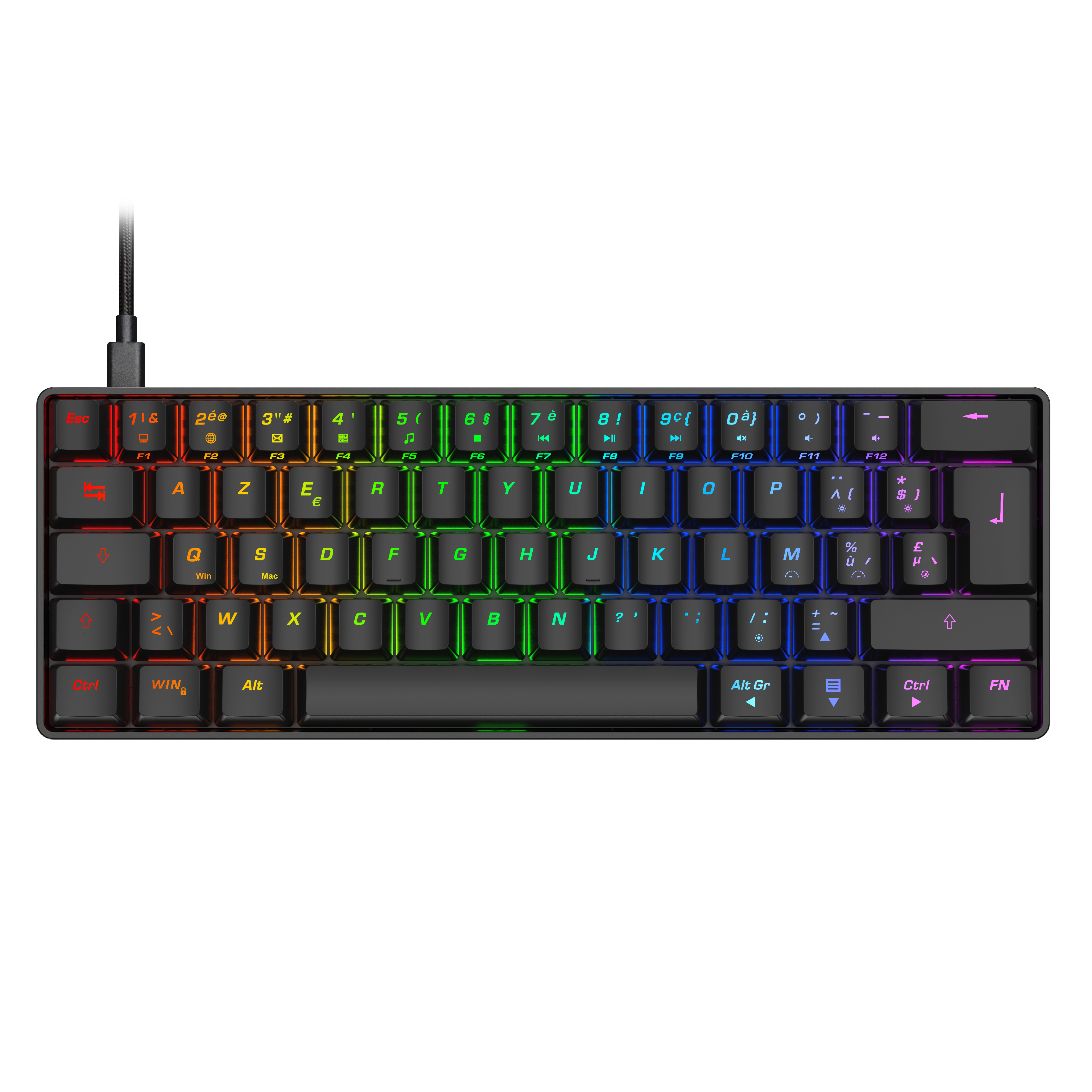 A black 60% mechanical keyboard with RGB backlighting, with black keys. The cable is on top left.