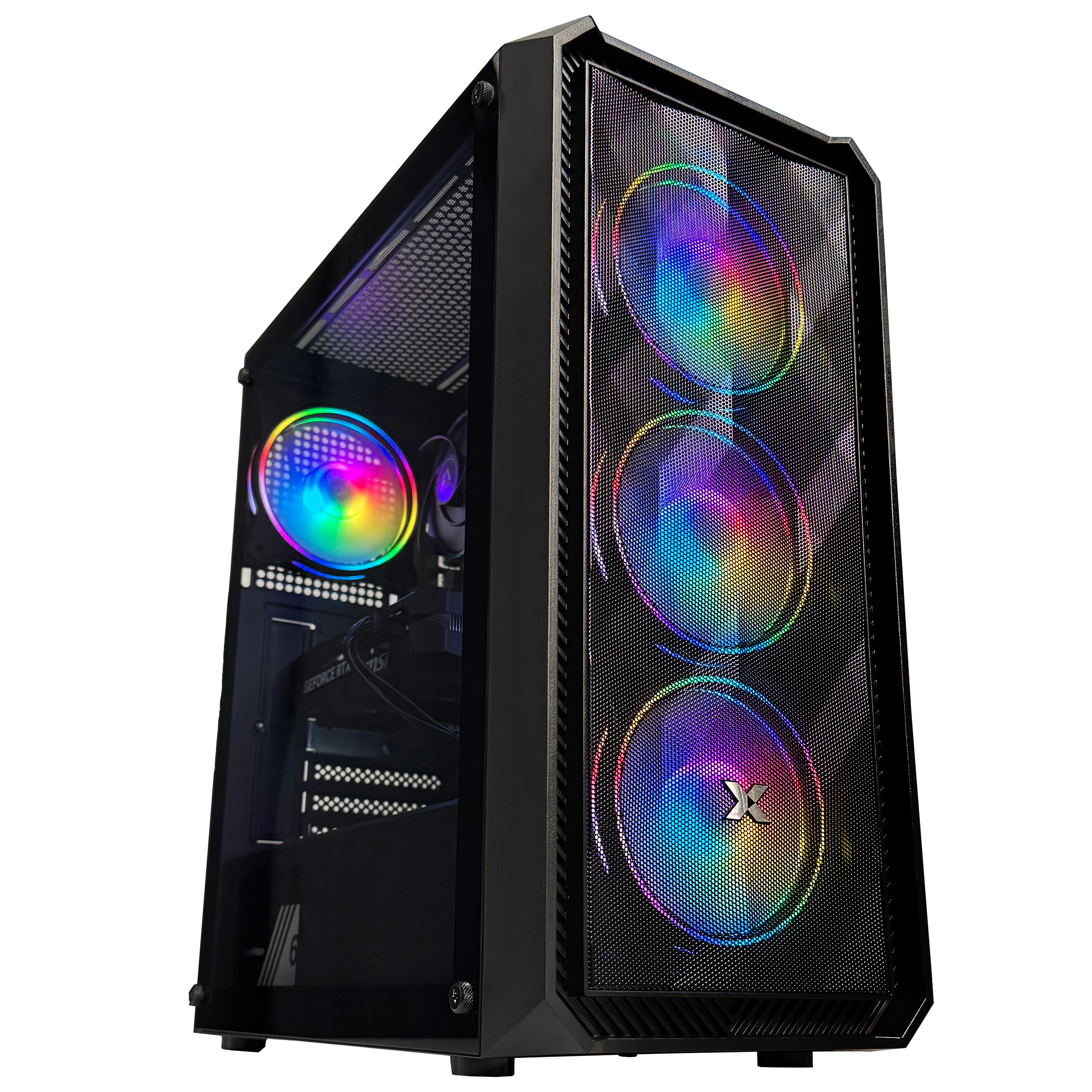 Ein schwarzes Computergehäuse mit RGB-Lüftern. Die Front hat ein Mesh-Design. Eine Seitenwand ist sichtbar.