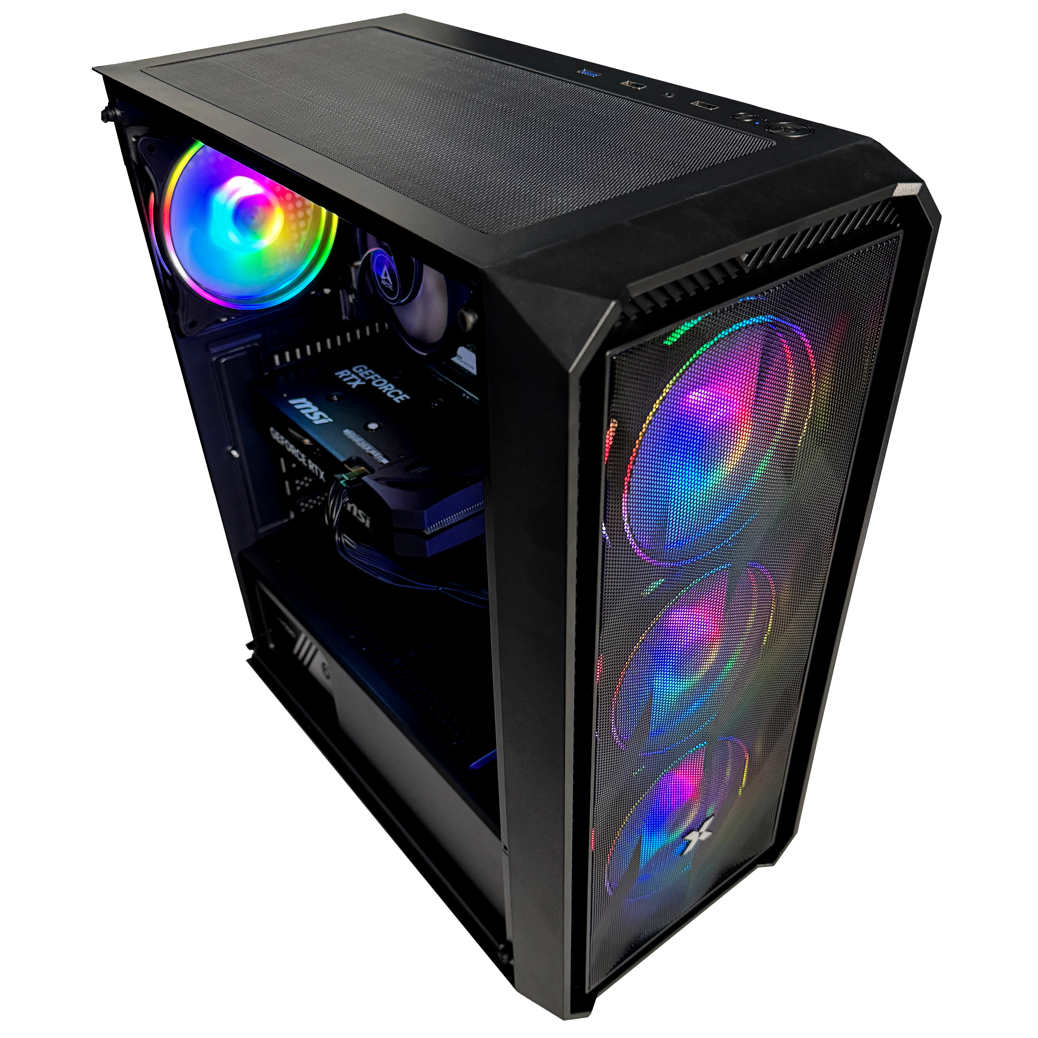 Schwarzes PC-Gehäuse mit RGB-Lüftern. Die Front hat ein Mesh-Design. Eine Grafikkarte ist sichtbar.