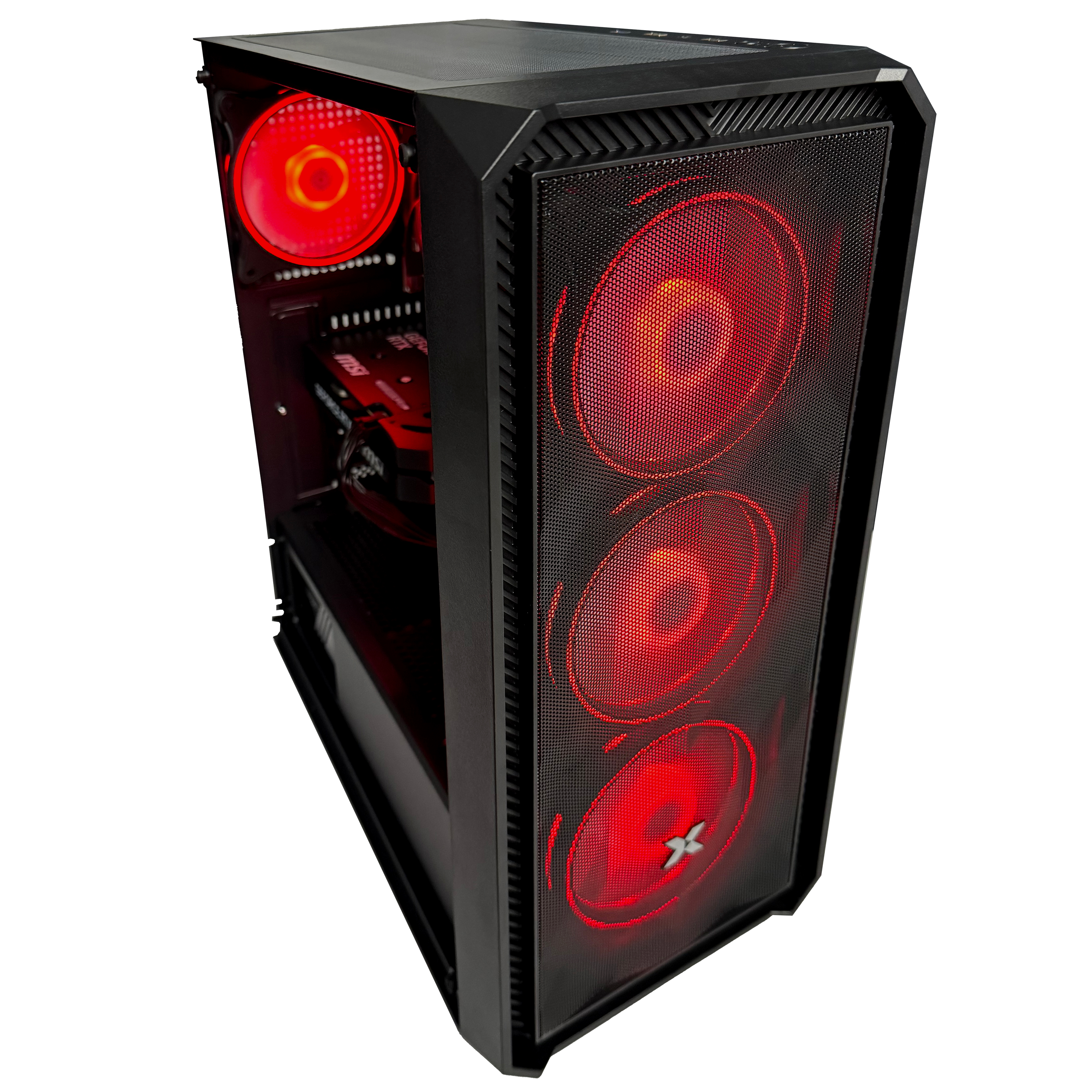 Schwarzes Computergehäuse mit roten LED-Lüftern. Die Front hat Mesh, mit dem XPG-Logo. Innenkomponenten sichtbar.