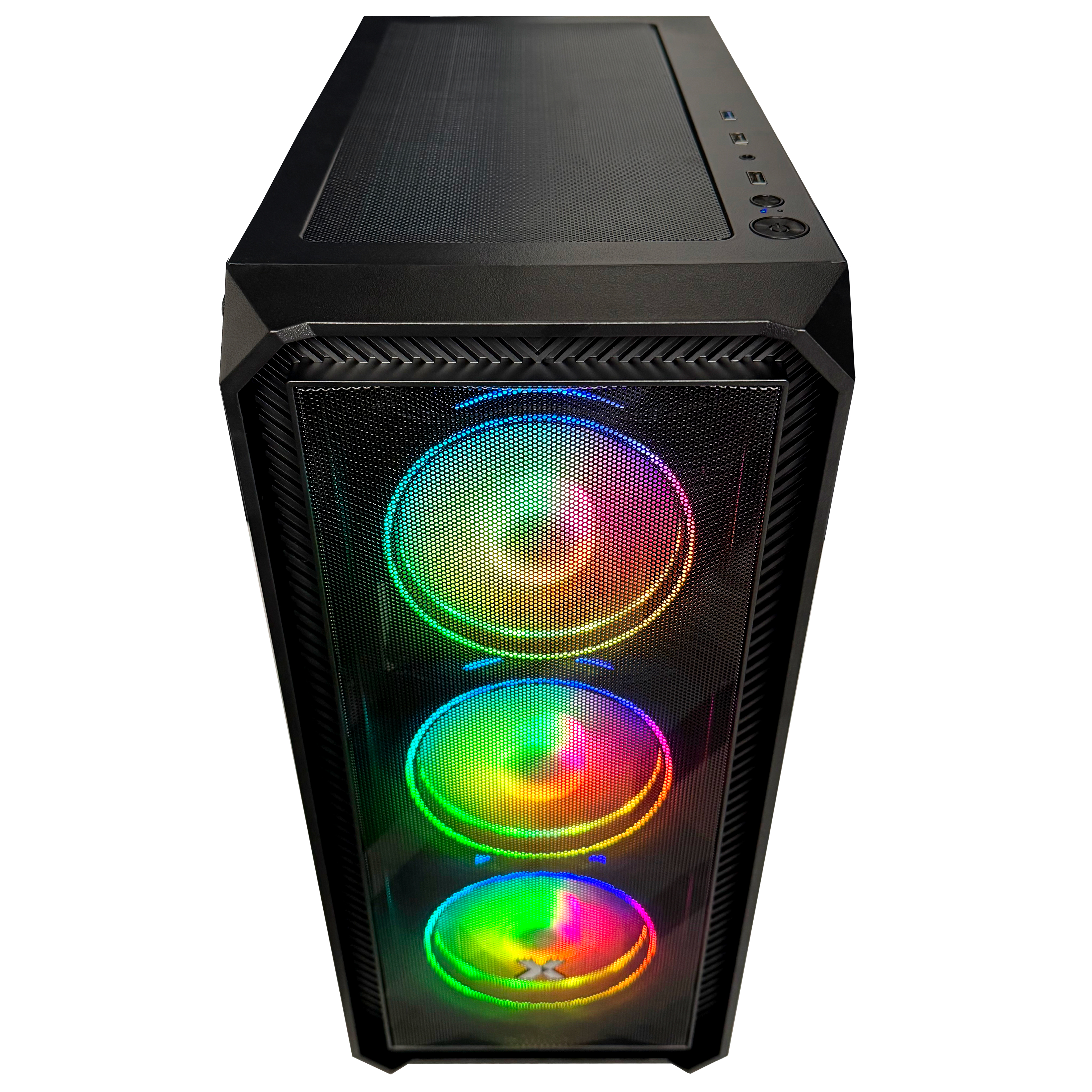 Schwarzes Computergehäuse mit drei RGB-Lüftern. Oben befinden sich Knöpfe und Anschlüsse. Die Lüfter leuchten mehrfarbig.