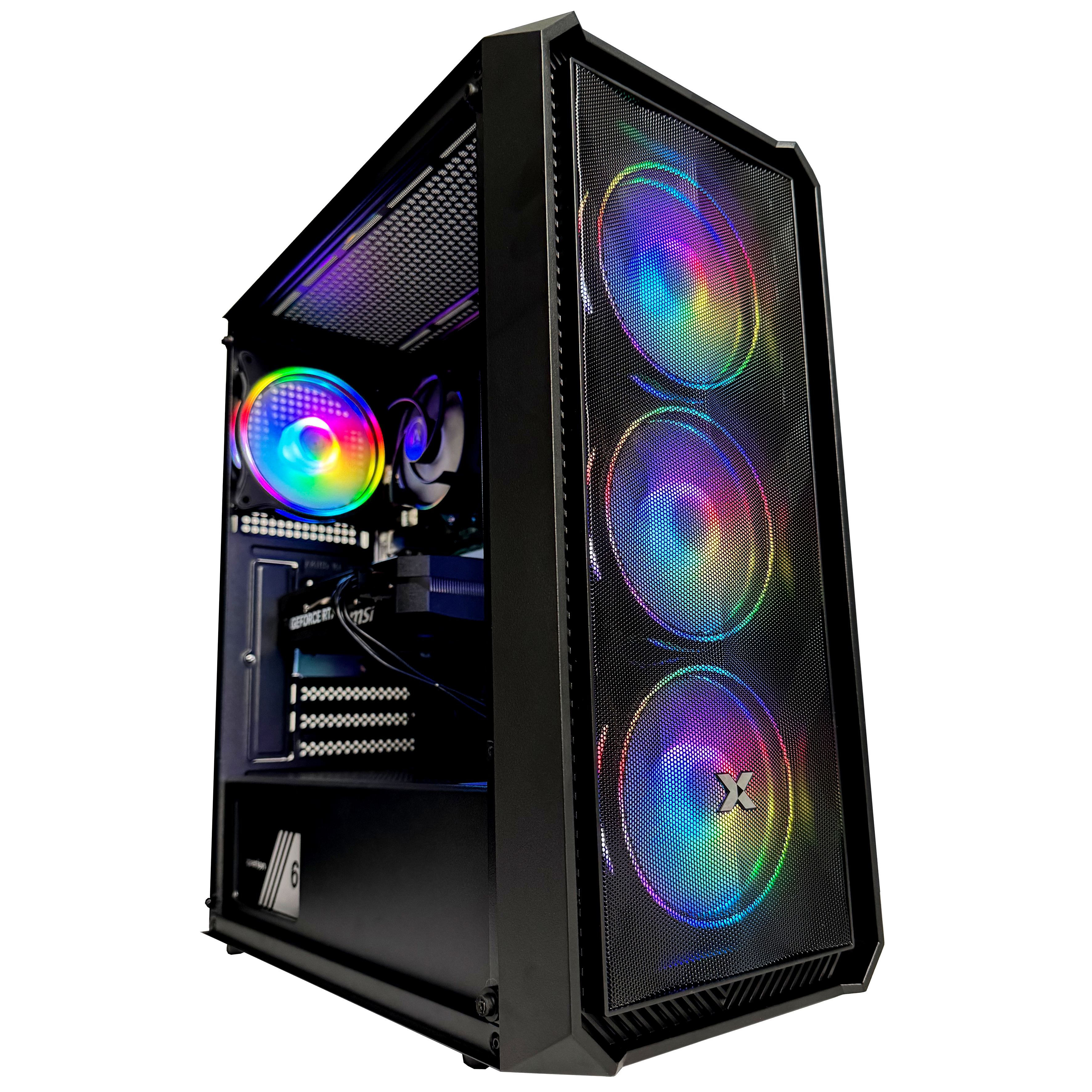 Schwarzes Computergehäuse mit Mesh-Front, drei Regenbogenlüftern und sichtbaren Innenkomponenten.
