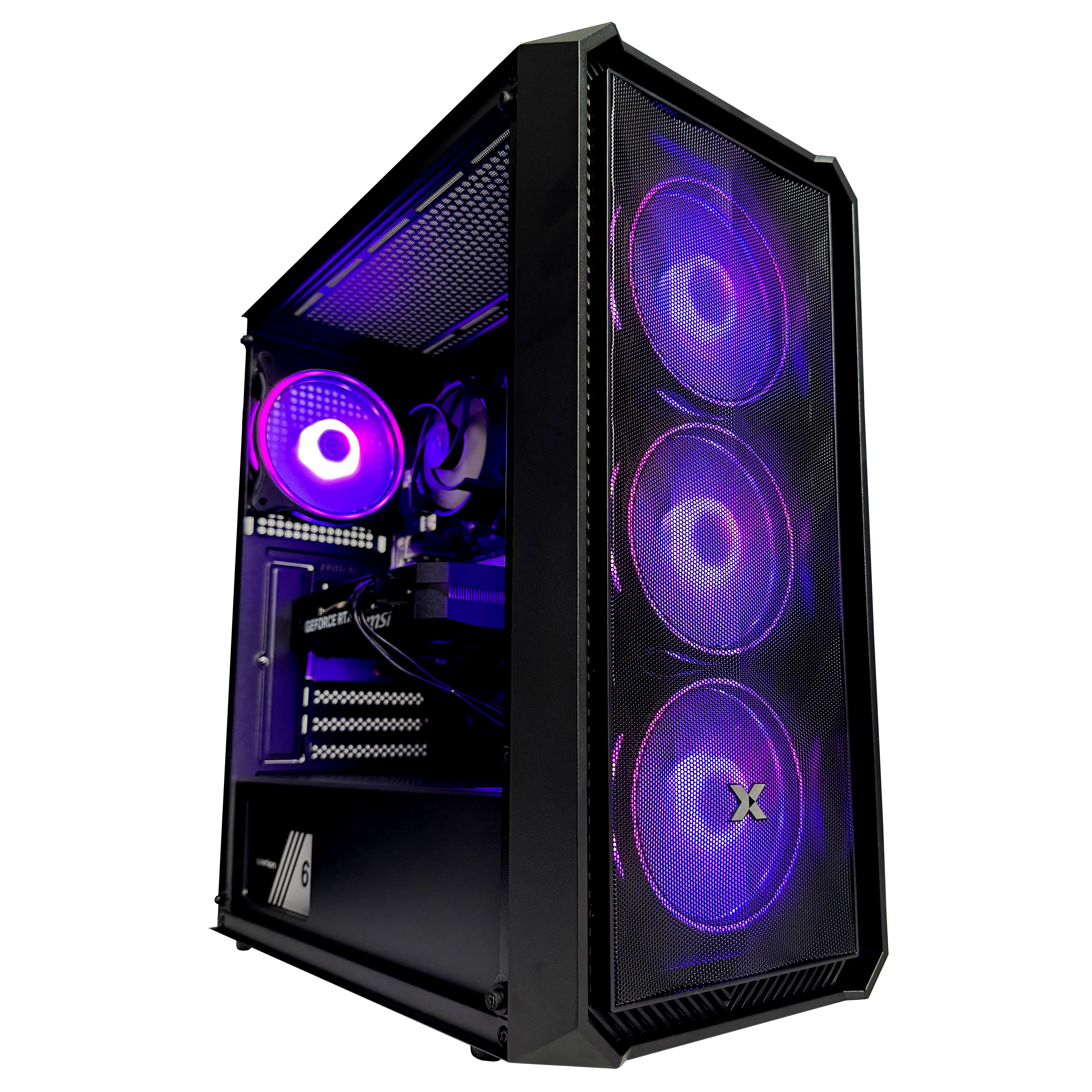 Schwarzer Computerturm mit lila leuchtenden Lüftern. Die Front hat ein Mesh-Design. Eine Seitenwand ist offen.