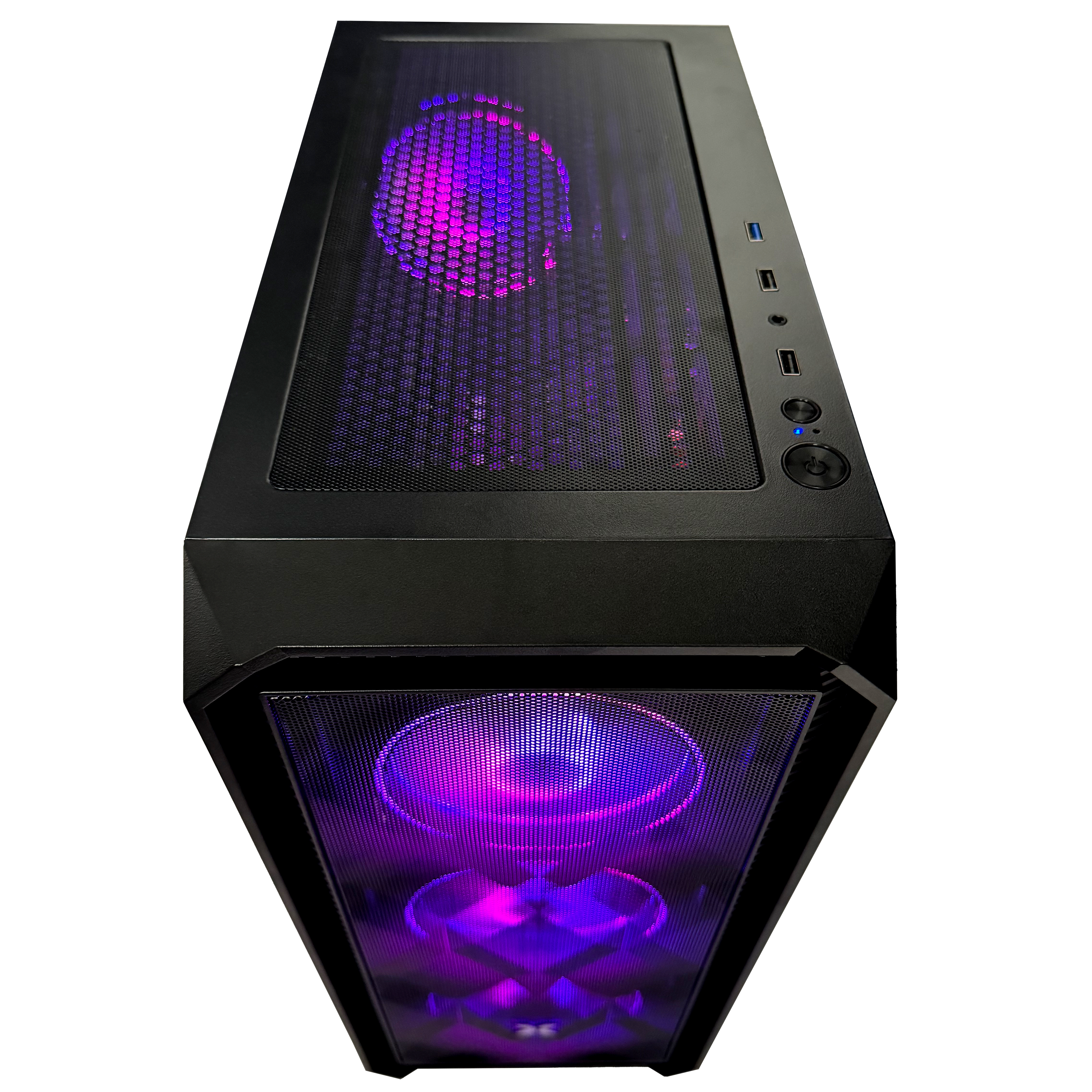 Schwarzes Computergehäuse mit lila und rosa LED-Beleuchtung. Draufsicht mit weißem Hintergrund.