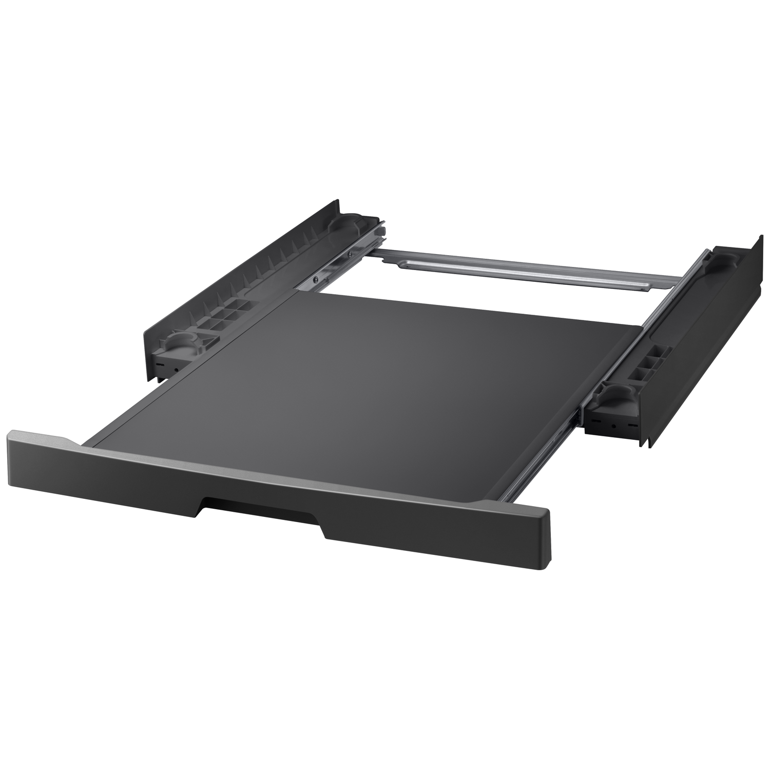 A black appliance base on a white background. It has a sliding tray and supporting rails. The base is rectangular.