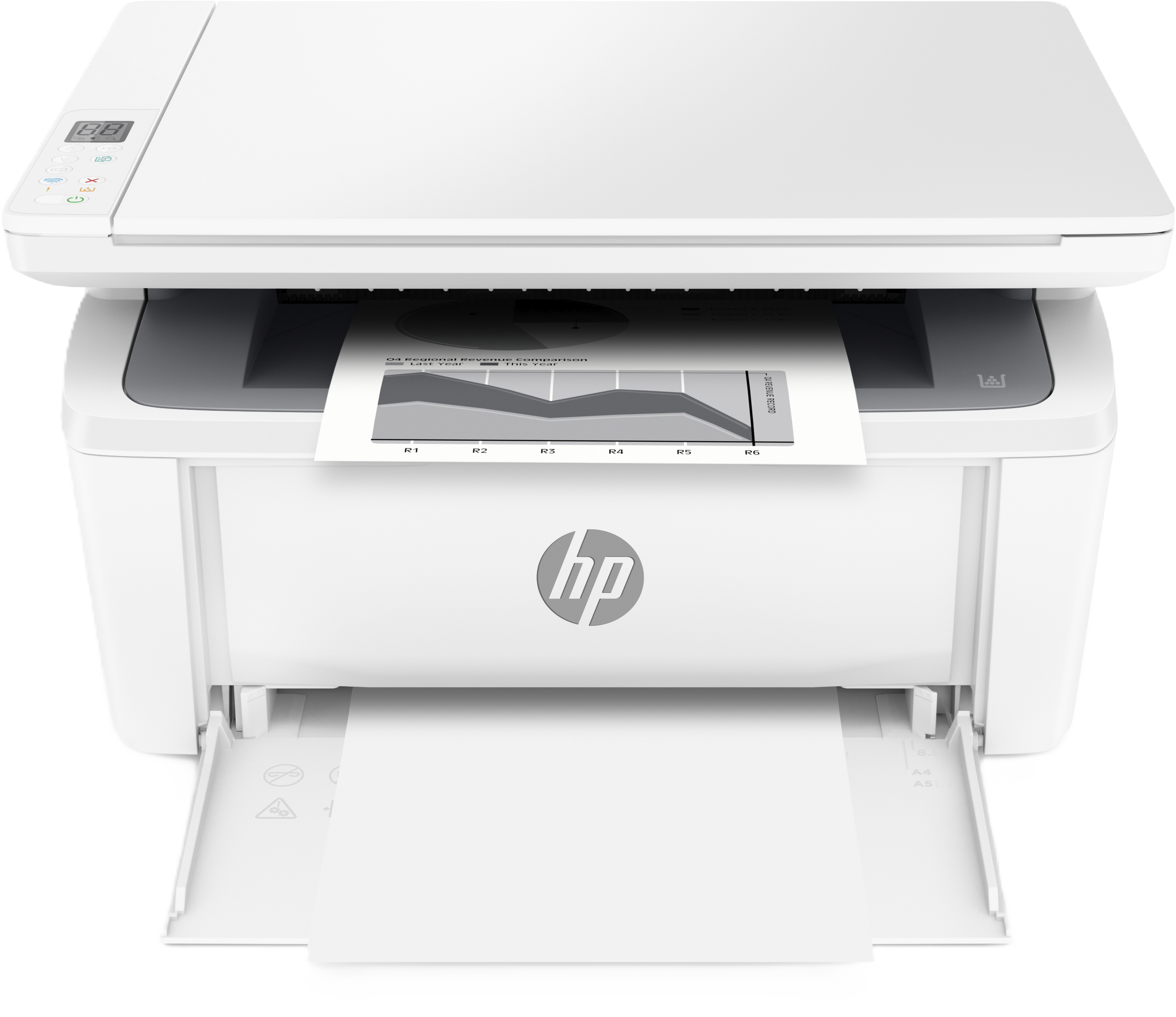 Ein weißer HP-Drucker mit geöffnetem Papierfach. Eine gedruckte Grafik ist sichtbar. Der Drucker steht auf schwarzem Grund.