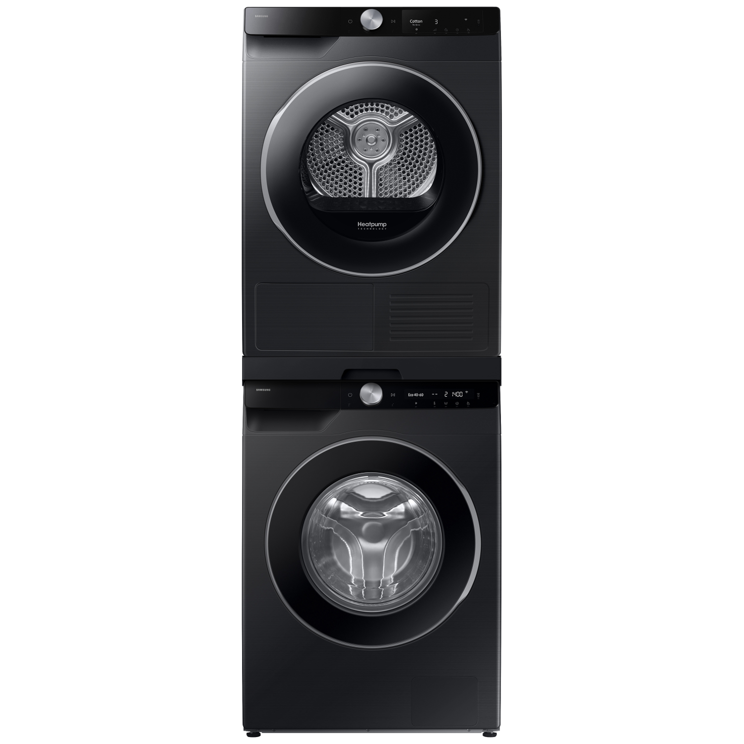 A black Samsung washer and dryer stacked. The dryer is on top with a round door. The washer is below, also with a round door.