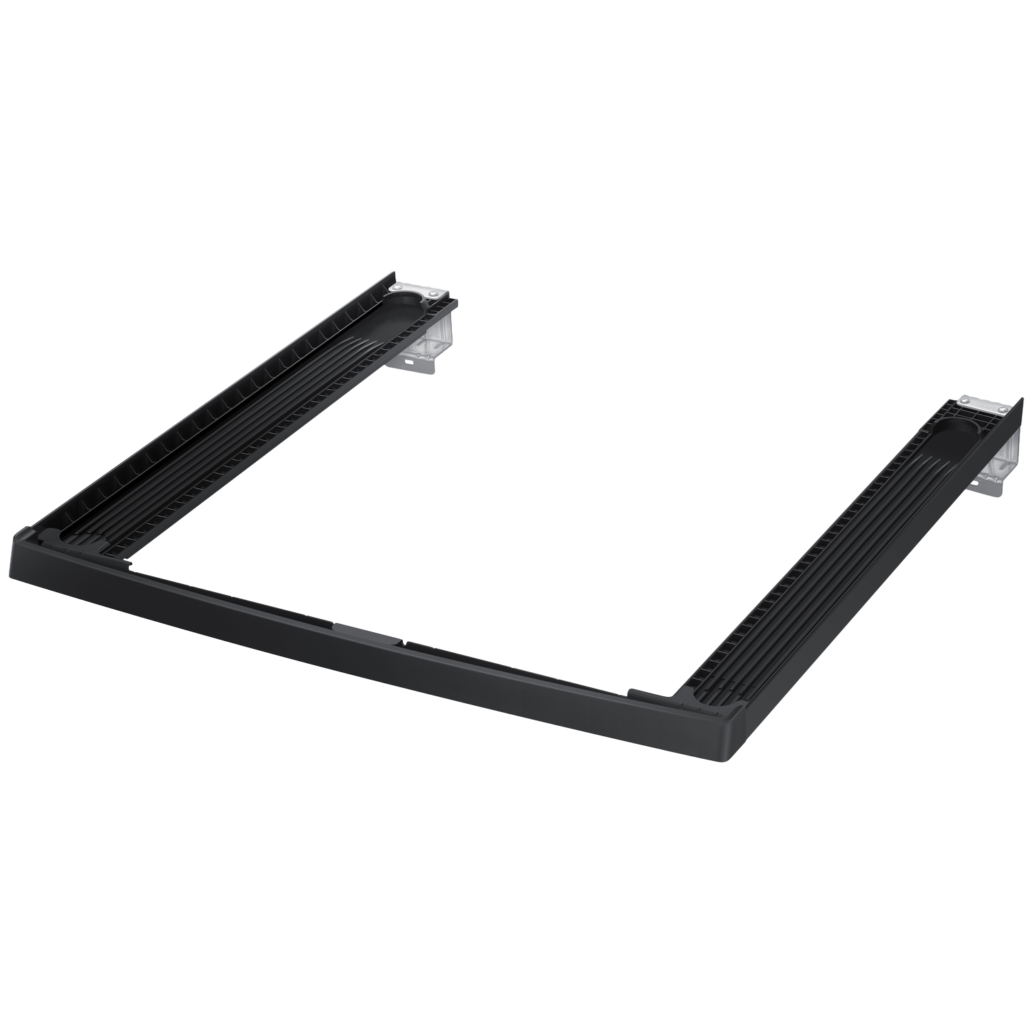 A black plastic frame, U-shaped, with ridged surfaces. Clear plastic supports are on each end, set against a white background.