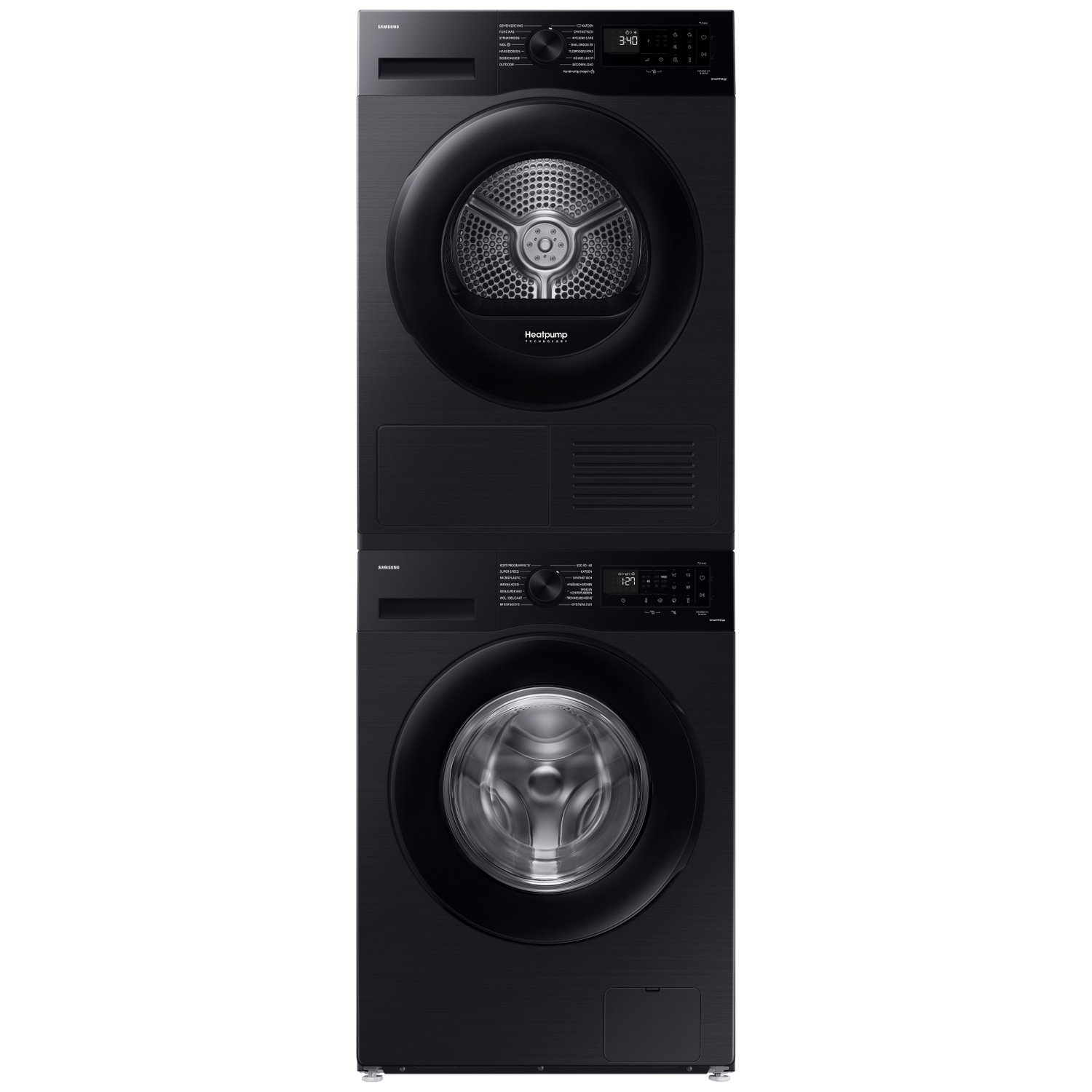 Black Samsung washer and dryer stacked. The dryer shows a time of 3:40. The washer shows a time of 1:27.