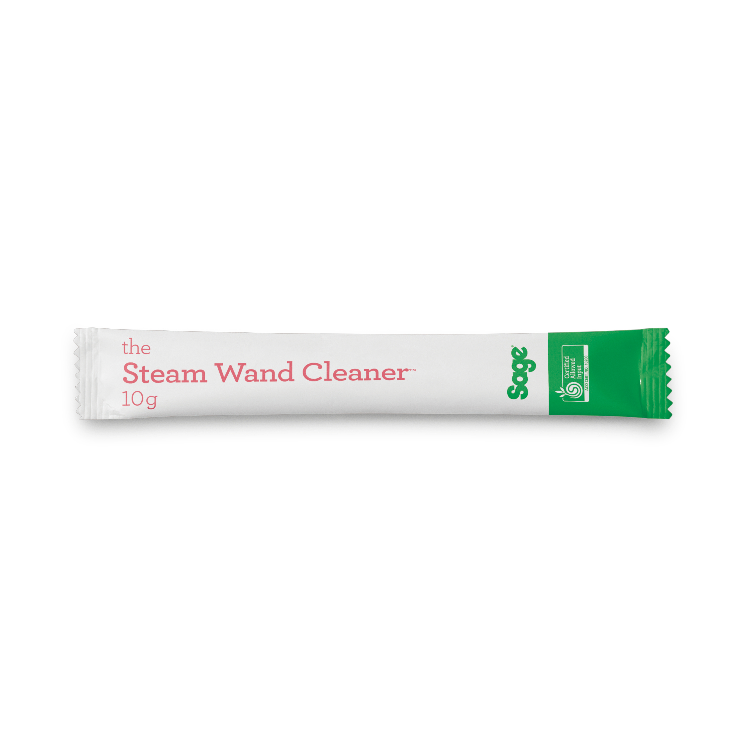 Ein weißes Päckchen mit rosa Text, 'Steam Wand Cleaner' und ein grünes Ende mit 'Sage' und Zertifizierungslogos.