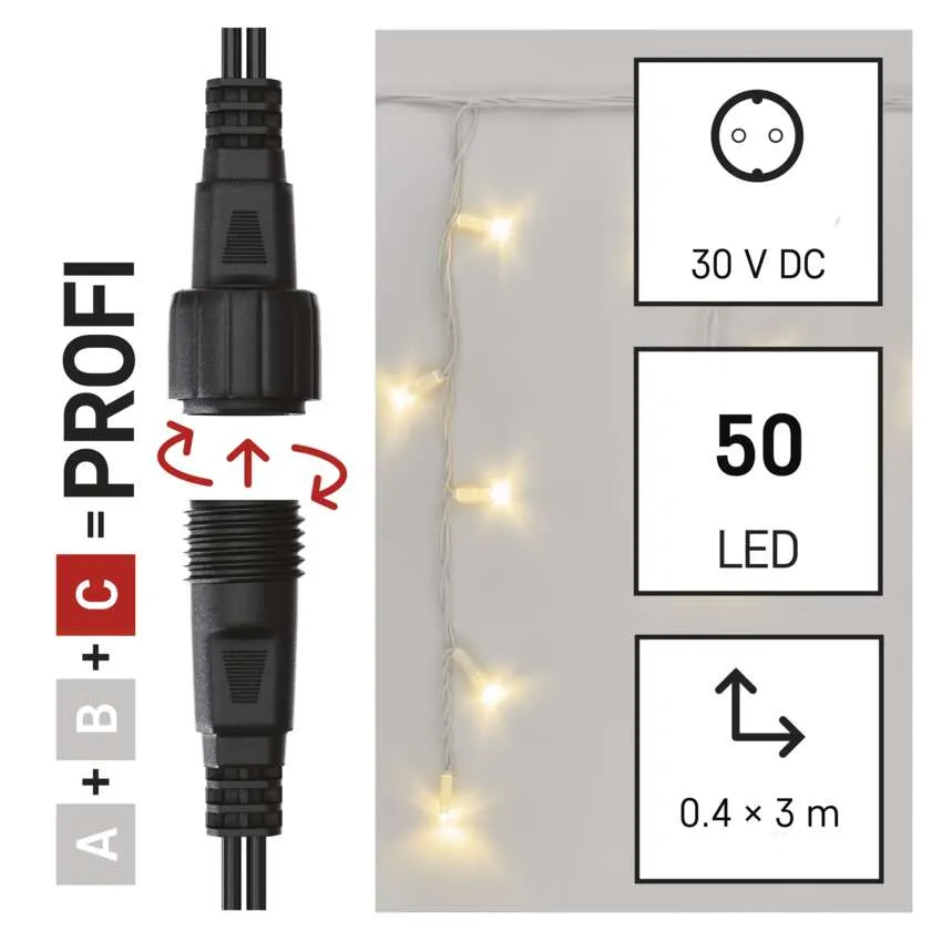 A képen egy fekete csatlakozó és LED-lámpák láthatók. Részletek: 30 V DC, 50 LED, méretek 0,4 x 3 m.