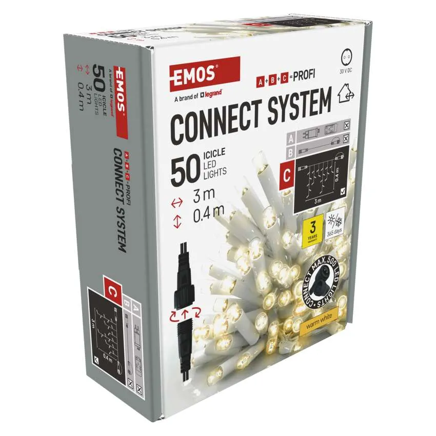 EMOS Connect System jégcsap LED-lámpák doboza. 50 lámpával, 3 m hosszúsággal és 0,4 m eséssel rendelkezik. A lámpák meleg fehérek.