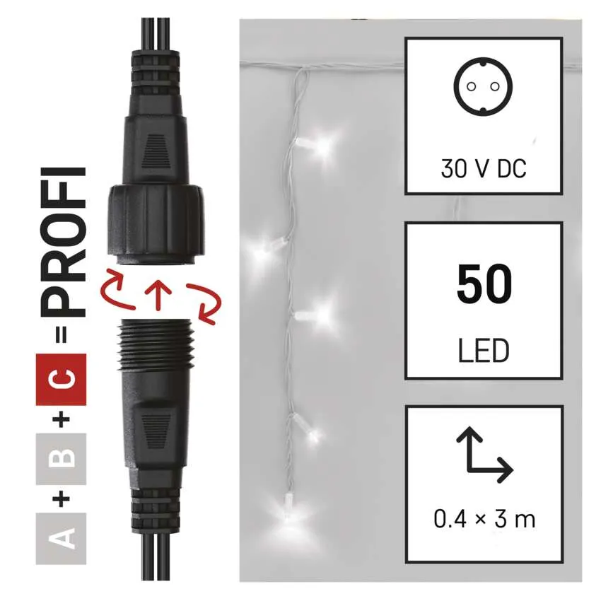 A kép elektromos csatlakozókat, LED-lámpákat és termékspecifikációkat mutat: 30 V DC, 50 LED, és méretek 0,4 x 3m.