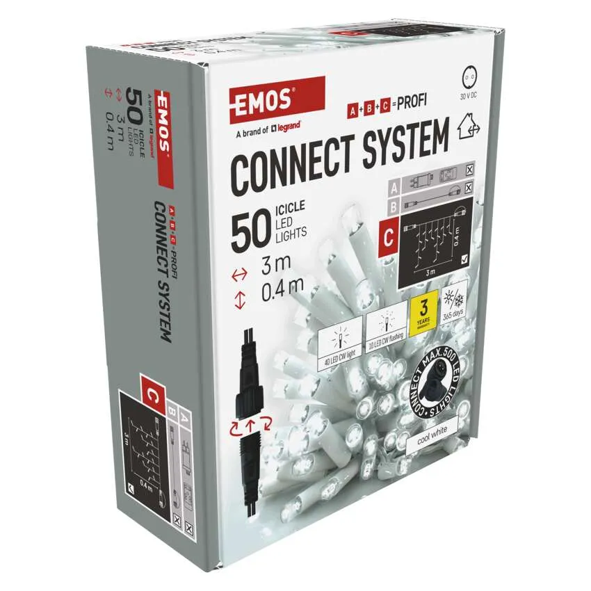 Egy doboz EMOS Connect System 50 jégcsap LED lámpa, hideg fehér, méretekkel és jellemzőkkel.