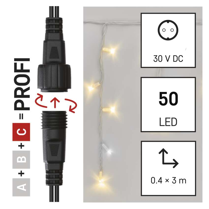 A kép egy csatlakozót, LED-lámpákat és specifikációkat mutat: 30V DC, 50 LED és 0,4 x 3m méretek.