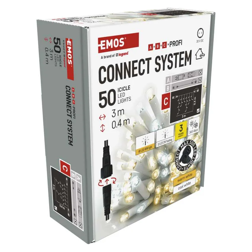 EMOS Connect System 50 jégcsap LED-lámpa doboza. Jellemzői: 3 m hosszúság, meleg fehér és hideg fehér opciók.