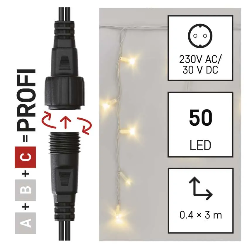 A képen egy fekete csatlakozó és LED-lámpák láthatók, olyan részletekkel, mint 230V AC/30V DC, 50 LED és 0,4 x 3m méretek.