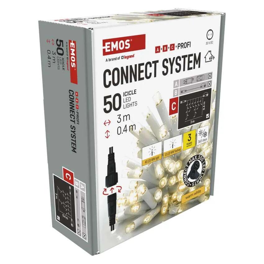 EMOS Connect System jégcsap LED-lámpák doboza, 50 lámpa, 3 m hosszú, meleg fehér fénnyel.