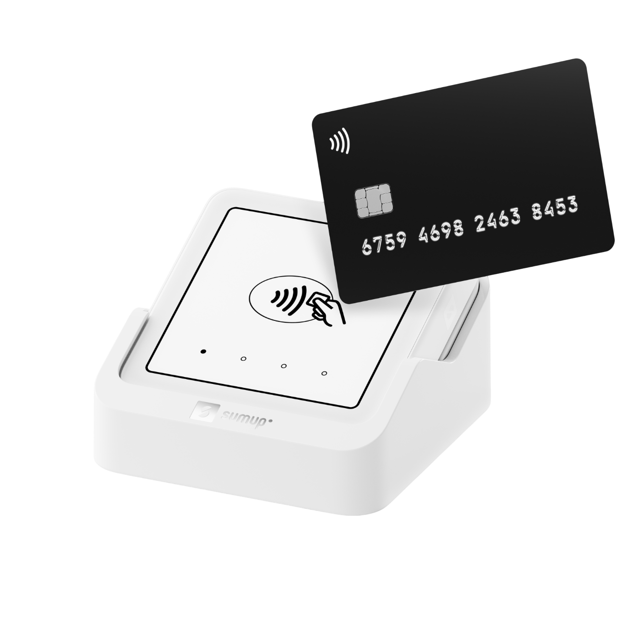 Ein weißes Kartenlesegerät mit einer schwarzen Kreditkarte darüber. Die Karte hat Zahlen und einen Chip. Kontaktloses Zahlungssymbol.