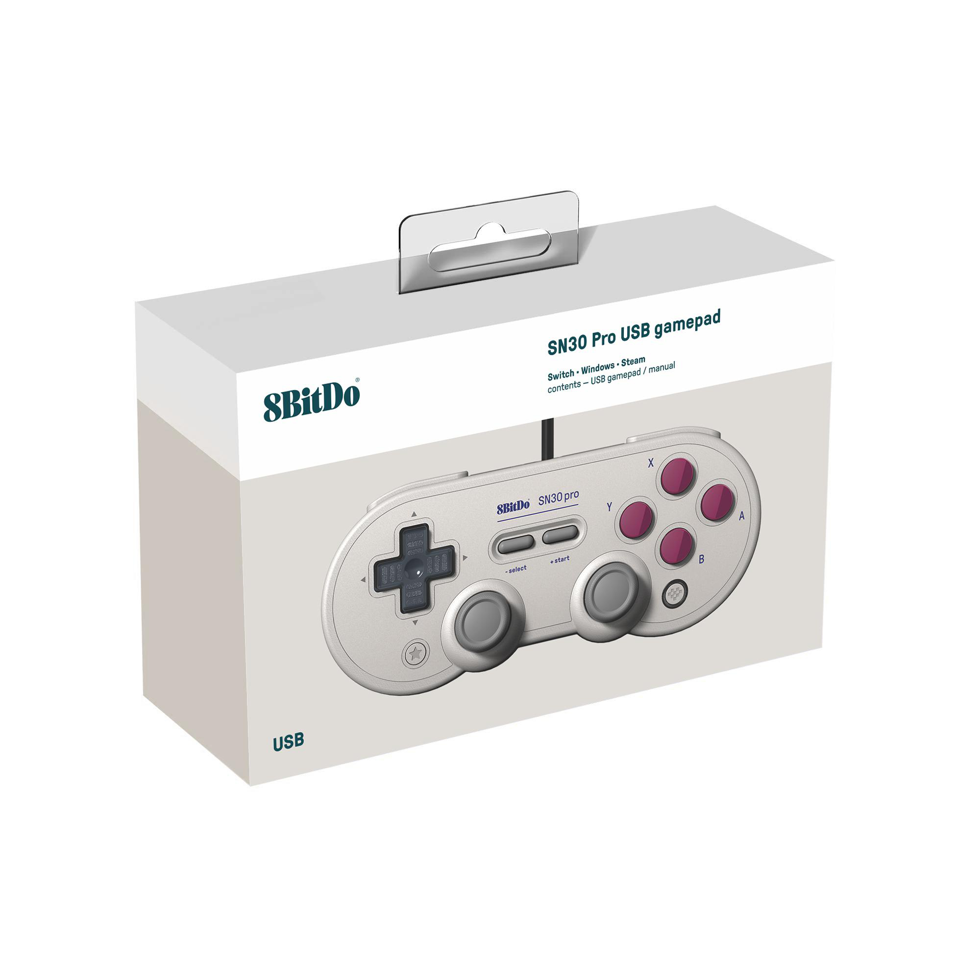 Eine weiße Schachtel mit einem Gamepad-Bild. Der Text lautet 'SN30 Pro USB-Gamepad'. Auf der Schachtel befindet sich ein silbernes Gamepad.