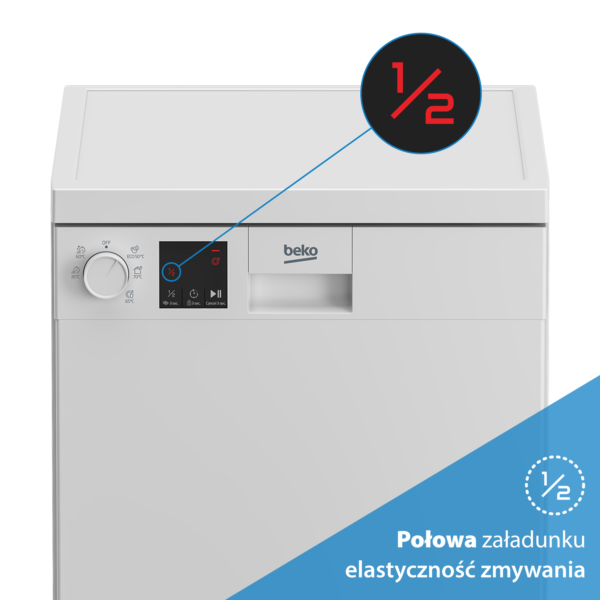Biała zmywarka Beko. Niebieski grafika wskazuje na mycie w połowie załadunku. Pokazano okrągłą czarną grafikę z czerwonym 1/2.