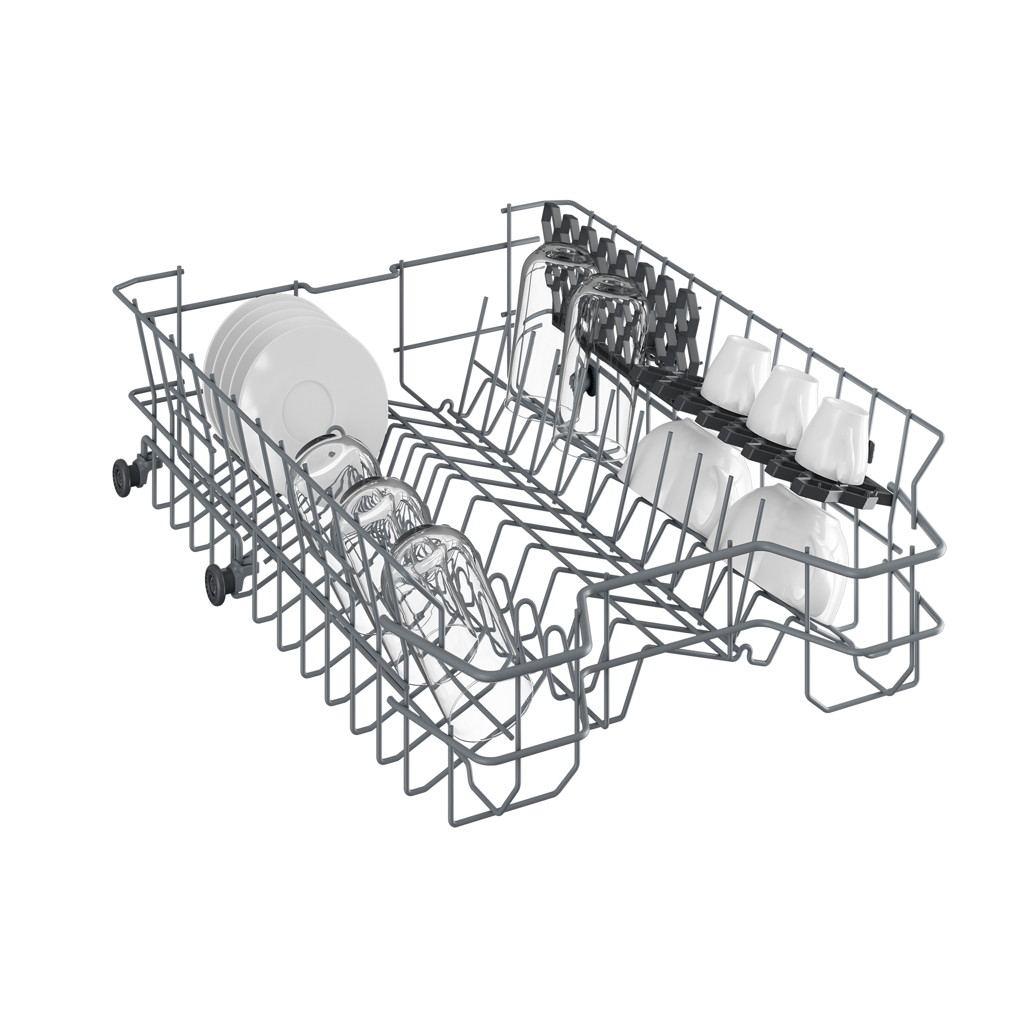 Ruszty do zmywarki z talerzami, szklankami i kubkami. Ruszt jest szary. Tło to ciemna, teksturowana powierzchnia.