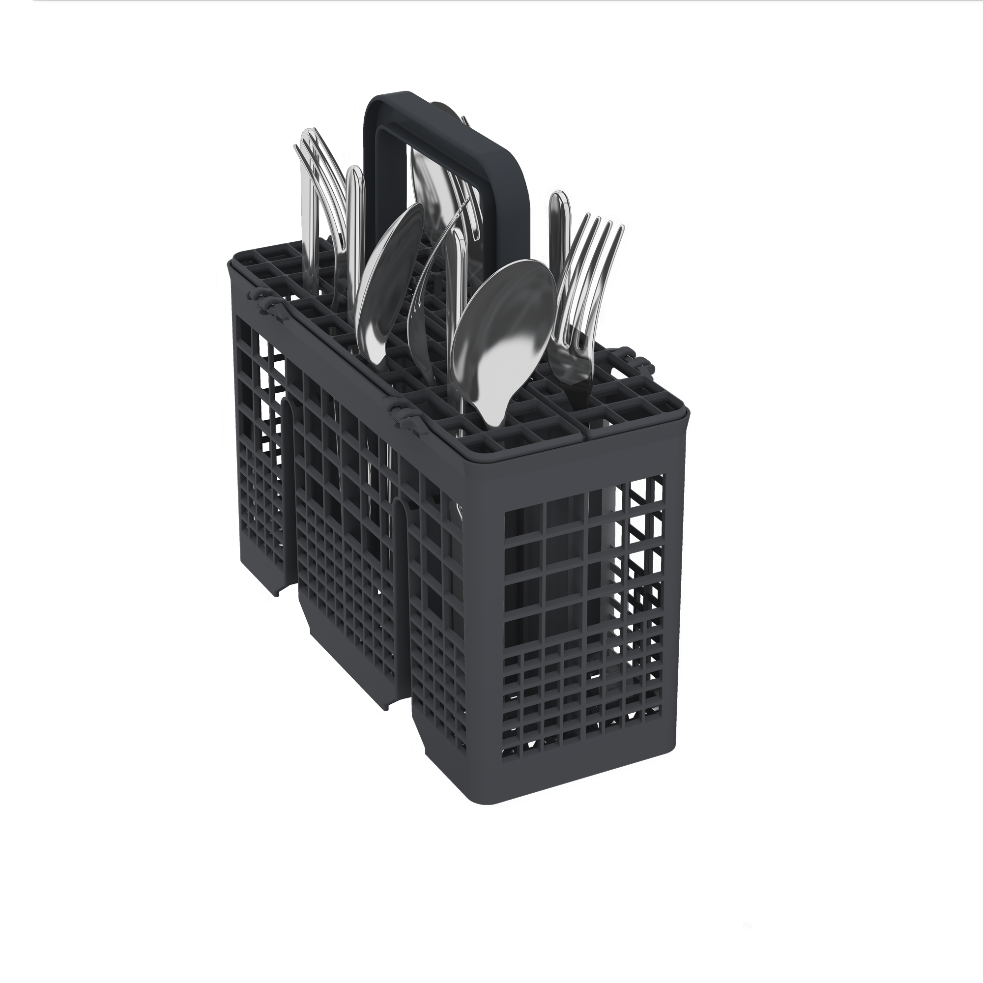 Szary kosz na sztućce do zmywarki wypełniony sztućcami. Zawiera widelce, łyżki i noże.