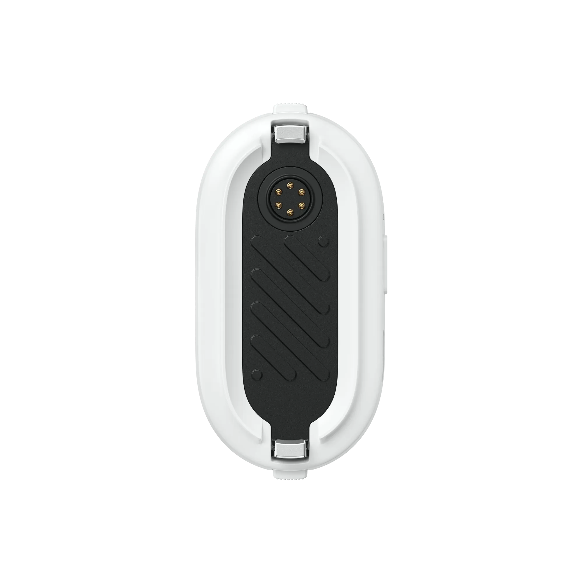 Weißes und schwarzes Gerät. Es hat eine ovale Form und einen Stecker mit sieben Pins. Schwarzer Hintergrund.