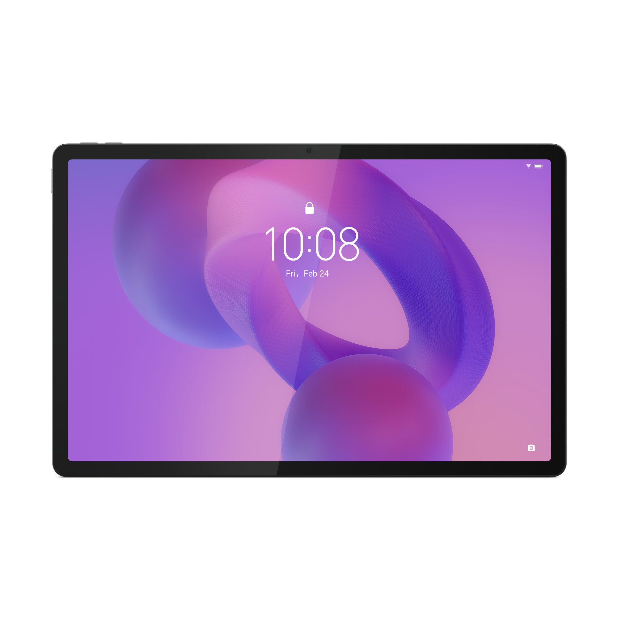 Tablet-Bildschirm zeigt Uhrzeit 10:08, Datum 24. Feb. Abstrakte Formen in Lila und Pink auf dem Bildschirm, schwarzer Rahmen.