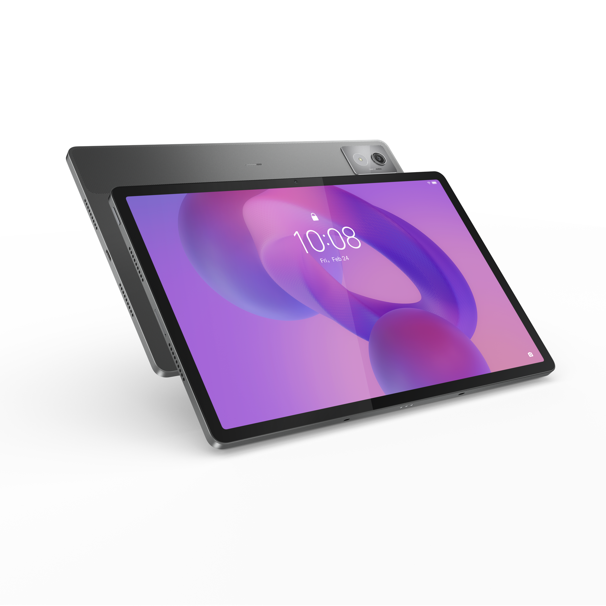 Zwei graue Tablets auf schwarzem Hintergrund. Eines befindet sich hinter dem anderen. Der Bildschirm zeigt ein lila Sperrbildschirm.