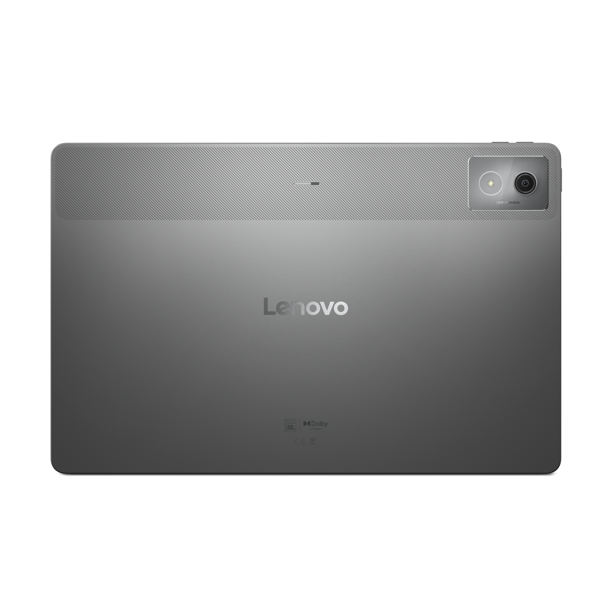Die Rückseite eines Lenovo-Tablets ist abgebildet. Es ist grau mit Kamera, JBL- und Dolby-Branding.