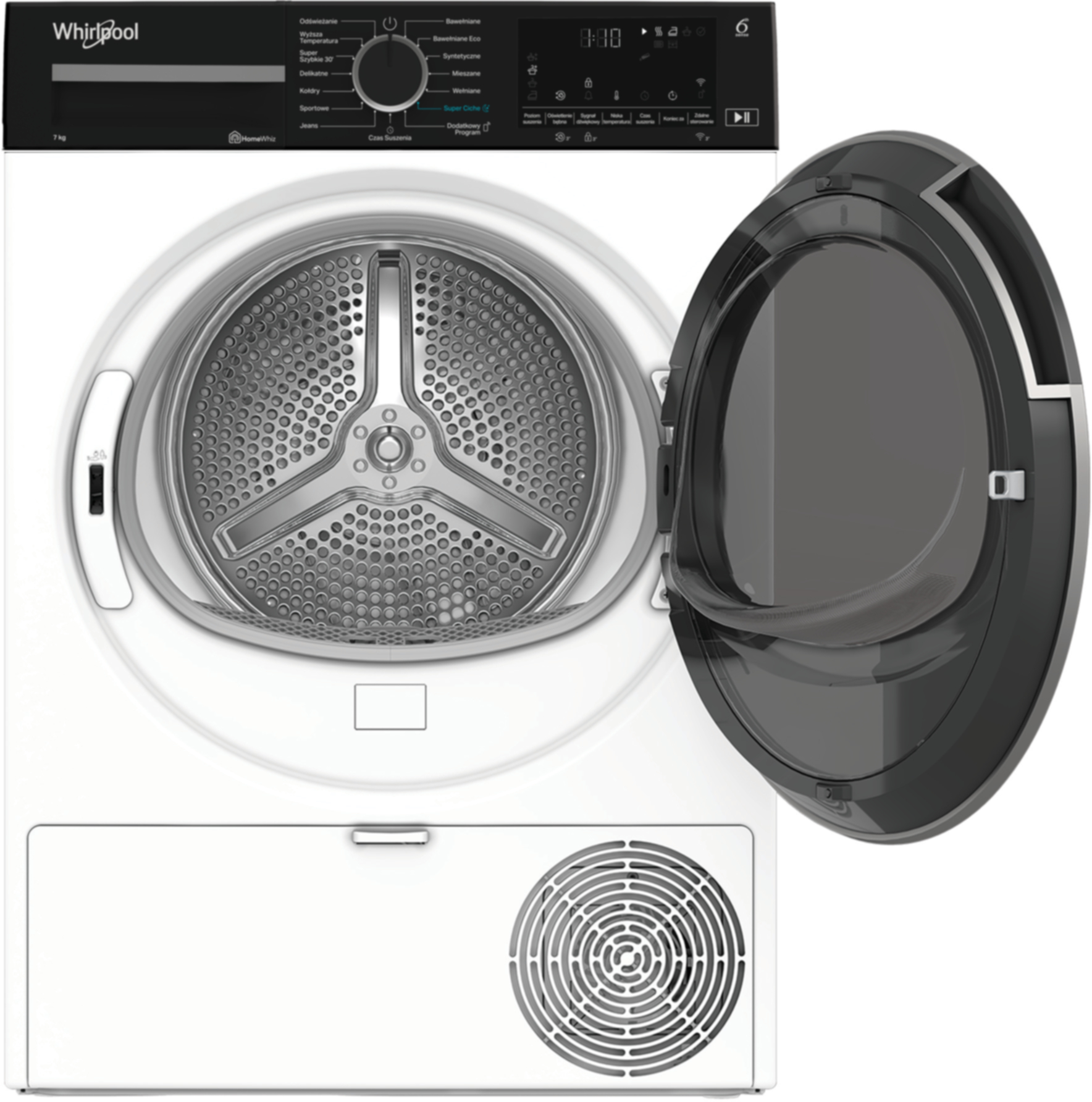 Biała suszarka Whirlpool z otwartymi czarnymi drzwiami. Elementy sterujące na górze. Otwór wentylacyjny na dole.