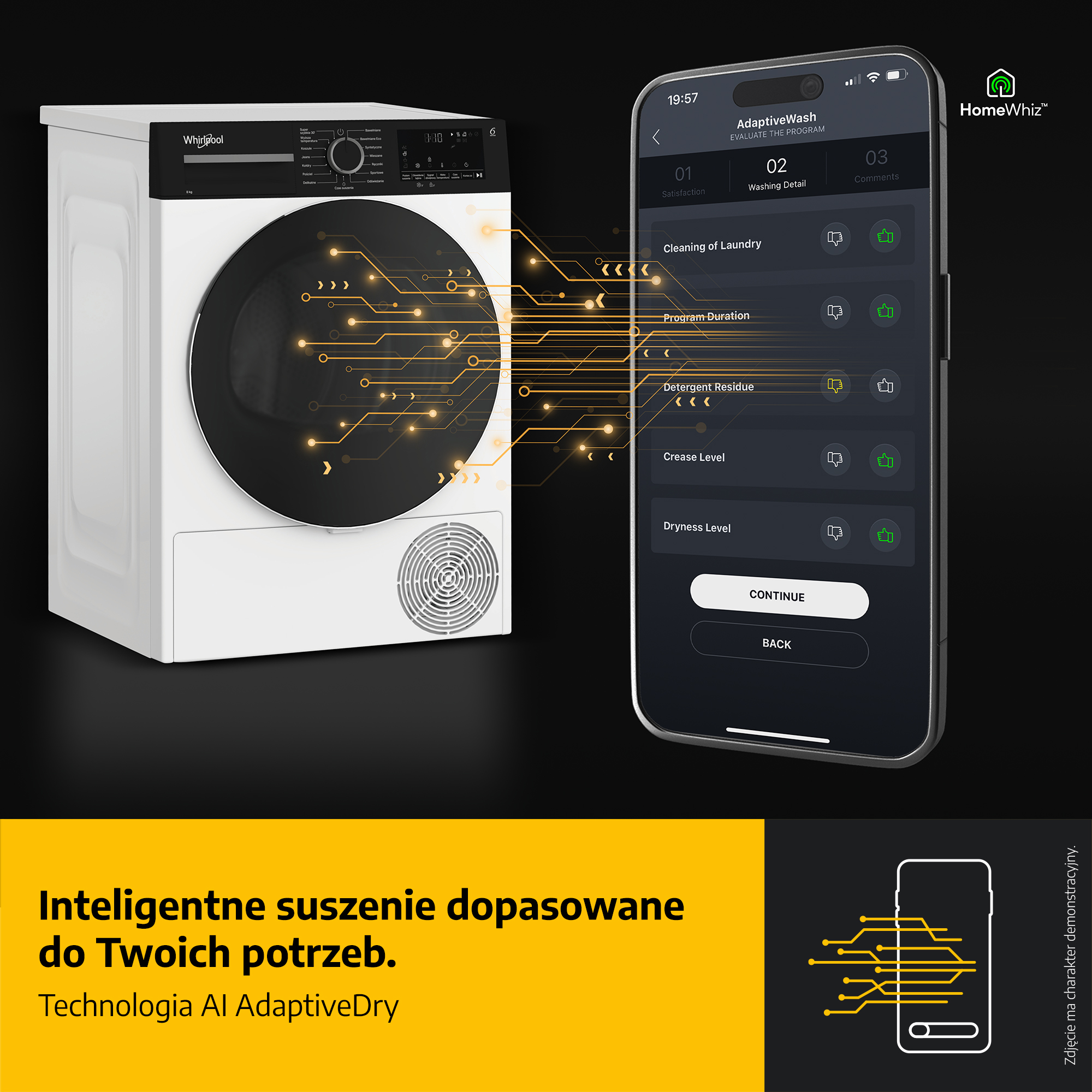 Biała suszarka Whirlpool obok smartfona wyświetlającego ustawienia suszenia. Grafika obwodów nakłada się.