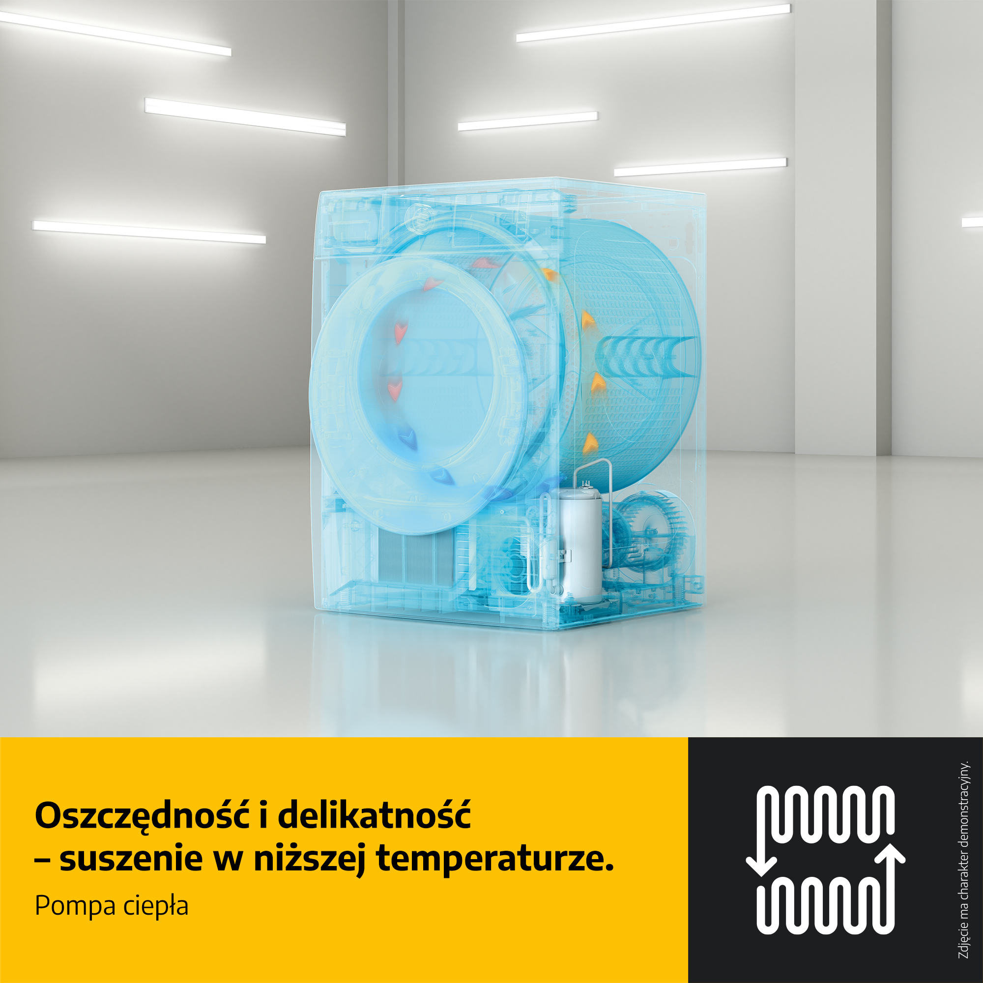 Przezroczysty model suszarki, pokazujący elementy wewnętrzne. Tekst po polsku: 'Wydajność i delikatność - suszenie w niższej temperaturze.'